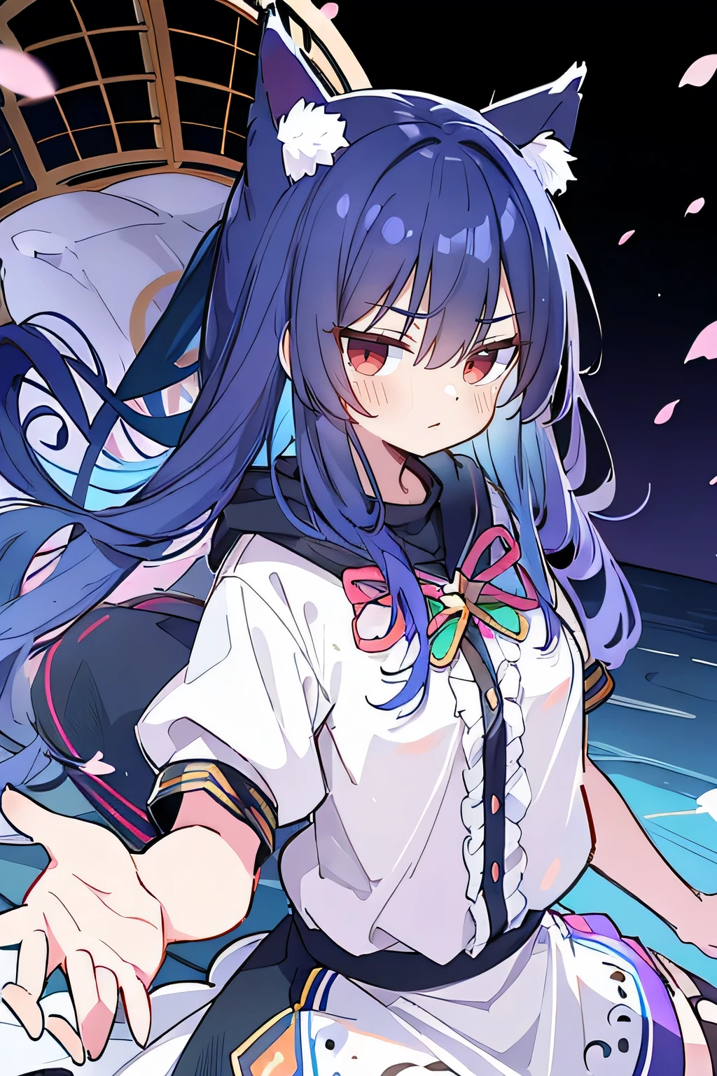 （masterpiece：1.2），Super detailed，lifelike，Expressive eyes，fair skin，perfect face shape，1 girl，
Japanese comics,Gorgeous blue hair,flowing blue hair,flowing clothes,Cat ears,Petals fall,beautiful lola,Baby Angel,
Shaking head with one hand，Cross your legs，Gentle and peaceful background，The pavilion is cool and comfortable,smile, wearing hoodie, background of tokyo,back views,snowing, winter,lie on the water. (Best Quality: 1.3), (Masterpiece: 1.3), (Illustration: 1.3), (Ultra Detailed: 1.3), (Imide Lens: 0.9), 1girl, Medium Breasts, Purple Eyes, ((Dark Blue Hair) ), hair accessories, young, clothing-gladiia, long hair, dark blue hair, indoors, black shorts, high socks, low ponytail, expressionless, upper body, close-up, coat, skirt,