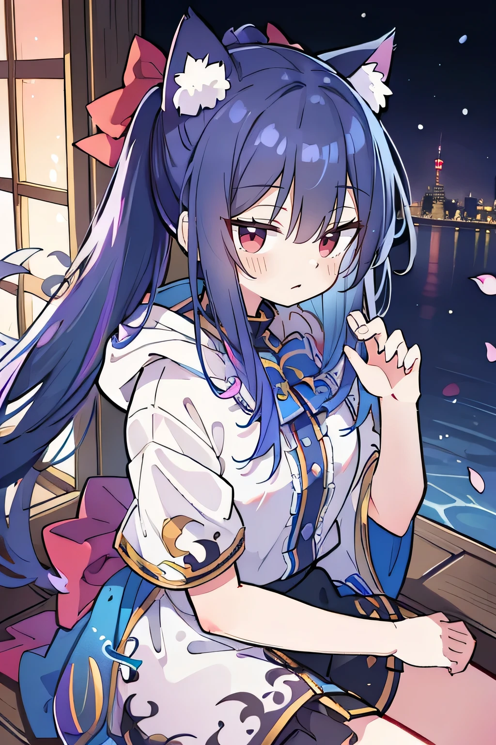 (masterpiece:1.2),Super detailed,lifelike,Expressive eyes,fair skin,perfect face shape,1 girl,
Japanese comics,Gorgeous blue hair,flowing blue hair,flowing clothes,Cat ears,Petals fall,beautiful lola,Baby Angel,
Shaking head with one hand,Cross your legs,Gentle and peaceful background,The pavilion is cool and comfortable,smile, wearing hoodie, background of tokyo,back views,snowing, winter,lie on the water. (Best Quality: 1.3), (Masterpiece: 1.3), (Illustration: 1.3), (Ultra Detailed: 1.3), (Imide Lens: 0.9), 1girl, Medium Breasts, Purple Eyes, ((Dark Blue Hair) ), hair accessories, young, clothing-gladiia, long hair, dark blue hair, indoors, black shorts, high socks, low ponytail, expressionless, upper body, close-up, coat, skirt,