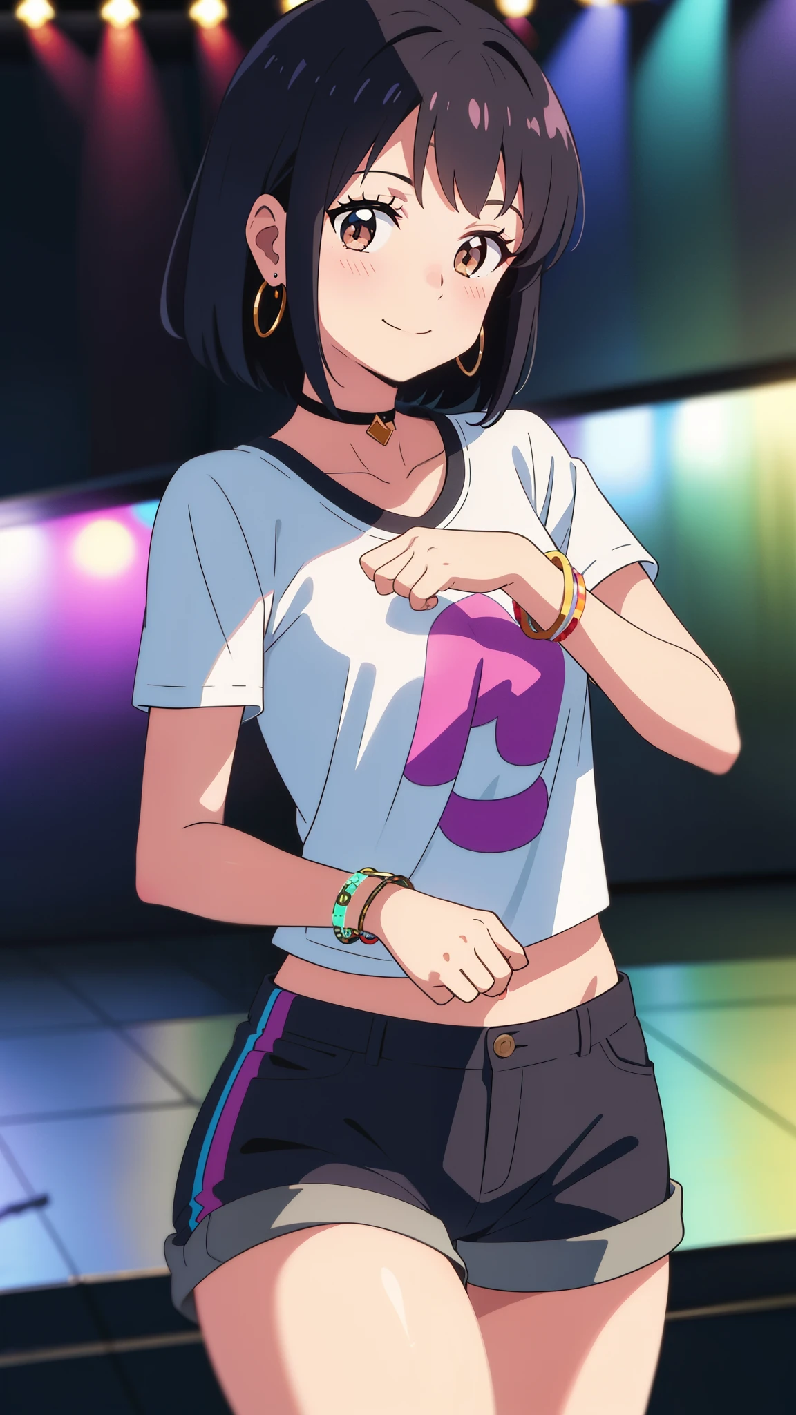 shinkai makoto, kimi no na wa., 1girl, bangs, black hair, brown eyes, blush, solo, short hair, perfect body, cowboy shot, smile, cute girl, cheerful holiday outfit, stylish shorts, T-shirt with a bright print, bright bracelets and earrings in retro style, dancing, dance floor, purple theme, (masterpiece, absurdres, best quality, ultra detailed, holographic, perfect anatomy)