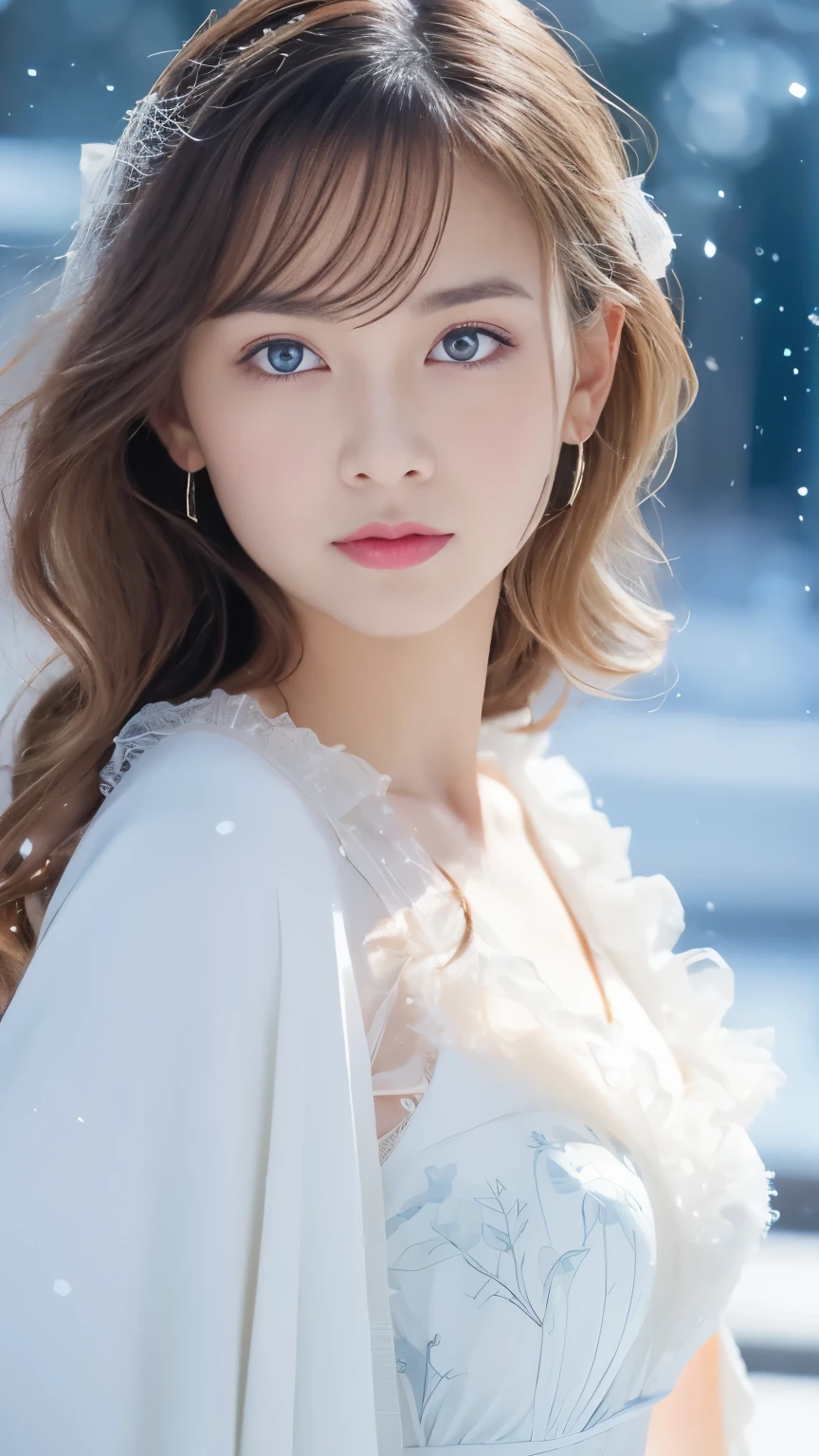 (best quality, 8K, 32k,Details are very clear),Practical, high resolution, 1 Japanese woman, Solitary, (ta clothing),Luxury Clothing,Facing the audience,(Upper Body,Upper limbs), beautiful eyes, brown hair, ringed eyes, (external,heavy snow,Thick fur cape,Covered with snow),Snowfield,blue eyes,best qualityのイラスト,Detailed facial features、swimsuit