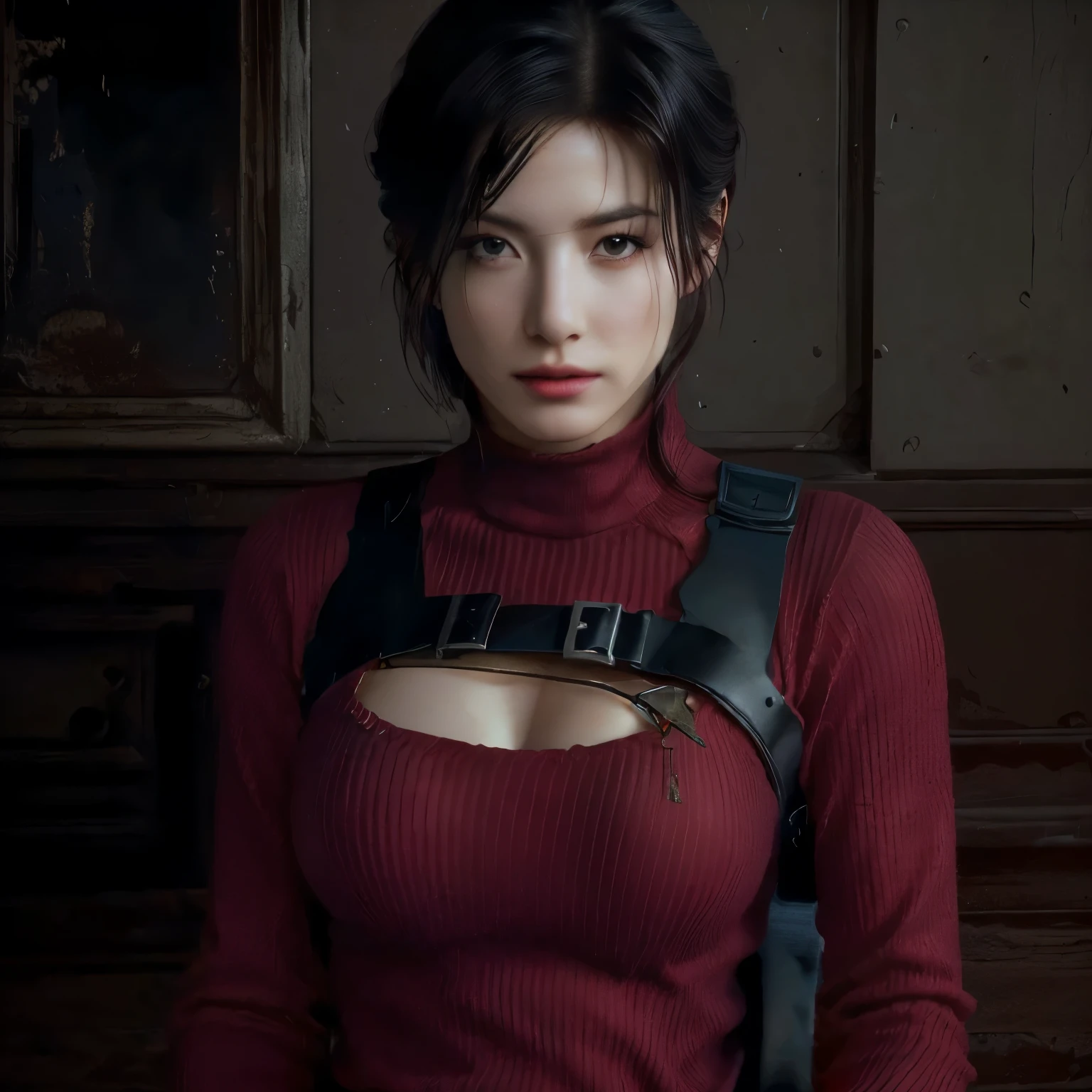 a close-up of a woman in a red sweater holding a knife, portrait of Tifa lockhart, Tifa lockhart, tifa lockheart, supermodelo em Silent Hill, Tifa lockhart portrait, glamorosa Jill Valentine, plano de fundo do jogo Resident Evil, deayami kojima, tifa, glamorosa tifa lockheart, Aerith Gainsborough, seductive Tifa lockhart portrait