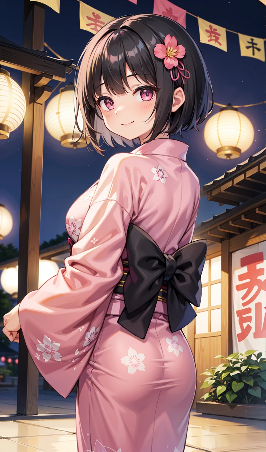 (One girl)、Black Hair、smile、From below、Turn around、pink floral yukata、Pink obi、Summer Festival at Night、short hair