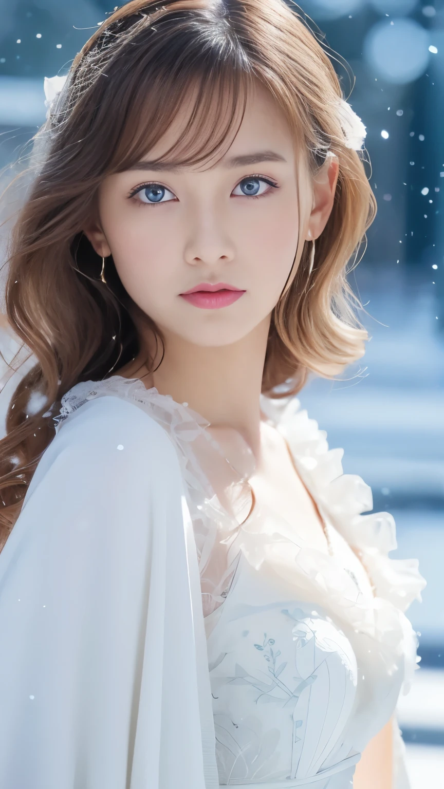 (best quality, 8K, 32k,Details are very clear),Practical, high resolution, 1 Japanese woman, Solitary, (Lolita clothing),Luxury Clothing,Facing the audience,(Upper Body,Upper limbs), beautiful eyes, brown hair, ringed eyes, (external,heavy snow,Thick fur cape,Covered with snow),Snowfield,blue eyes,best qualityのイラスト,Detailed facial features、swimsuit
