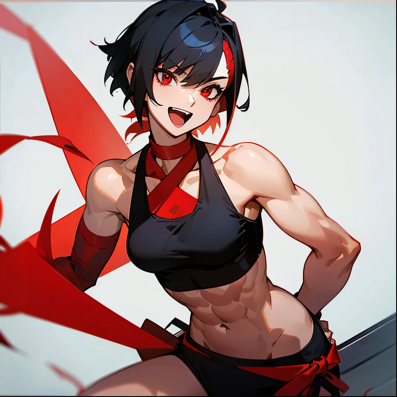 female,very short hair,Wear a red eye patch over your right eye..,black hair,Wear a tank top,There are abdominal muscles.,red sickle,open mouth smile,มีred sickle.Wear a bikini top.