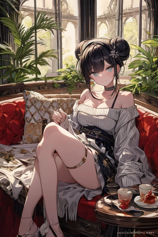 (((Masterpiece))),(((Super Detail))),(((in 8K))),(((best composition))),(((Rim lighting,Fireglow effect,deep shadow))),solo,(Hatsune Miku:1.0),Beautiful fingers,Detailed finger features,(Detailed hair features:1.7),(Dynamic and sexy bending pose:1.3),detailed facial features,detailed clothes features, (perky chest:1.1), (pointed chest:1.3), delicate beautiful face, Bright blue eyes, cute eyes, sparkling eyes, Big eyes, beautiful detailed eyes,double bun with glittering hair ornament,(super detailed glossy skin:1.3),slender body,tits,goddess smile,((with sparkling eyes and a contagious smile)),beautiful posture,have a cup of coffee,black hair, red eyes, dress, bare shoulders, jewelry, collarbone, sidelocks, hairband, earrings, indoors, off shoulder, sweater, arms behind back, plant, short hair with long locks, white hairband, off-shoulder dress, sweater dress, off-shoulder sweater, red sweater, big side hair, very long side hair,(super delicate floral pattern:1.2),seductive cleavage:1.3,beautiful glossy legs,shiny red high heels,lifting dishes with cakesd,french restaurant,hustle and bustle,rising steam,(((depth of fields)))