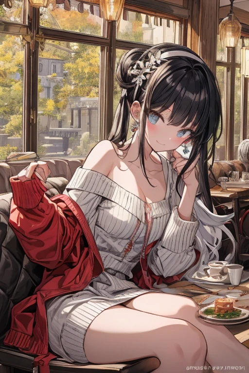 (((Masterpiece))),(((Super Detail))),(((in 8K))),(((best composition))),(((Rim lighting,Fireglow effect,deep shadow))),solo,(Hatsune Miku:1.0),Beautiful fingers,Detailed finger features,(Detailed hair features:1.7),(Dynamic and sexy bending pose:1.3),detailed facial features,detailed clothes features, (perky chest:1.1), (pointed chest:1.3), delicate beautiful face, Bright blue eyes, cute eyes, sparkling eyes, Big eyes, beautiful detailed eyes,double bun with glittering hair ornament,(super detailed glossy skin:1.3),slender body,tits,goddess smile,((with sparkling eyes and a contagious smile)),beautiful posture,have a cup of coffee,black hair, red eyes, dress, bare shoulders, jewelry, collarbone, sidelocks, hairband, earrings, indoors, off shoulder, sweater, arms behind back, plant, short hair with long locks, white hairband, off-shoulder dress, sweater dress, off-shoulder sweater, red sweater, big side hair, very long side hair,(super delicate floral pattern:1.2),seductive cleavage:1.3,beautiful glossy legs,shiny red high heels,lifting dishes with cakesd,french restaurant,hustle and bustle,rising steam,(((depth of fields)))