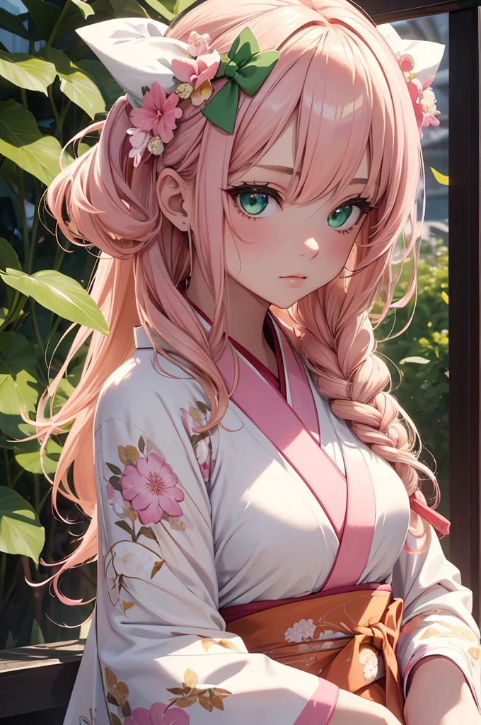 8K, Best Quality, Masterpiece, Ultra High Resolution, 1 Girl, Beautiful Eyes, Light Green Eyes, Face Details, Pink Hair, Blonde Hair, Long Hair, Hair Bow, White Kimono, Pastel Kimono Pattern, Red Trim Kimono, Standing Outside, Pale Skin, Masterpiece, Best Quality, Upper Body, Looking at the Viewer, Close Up
