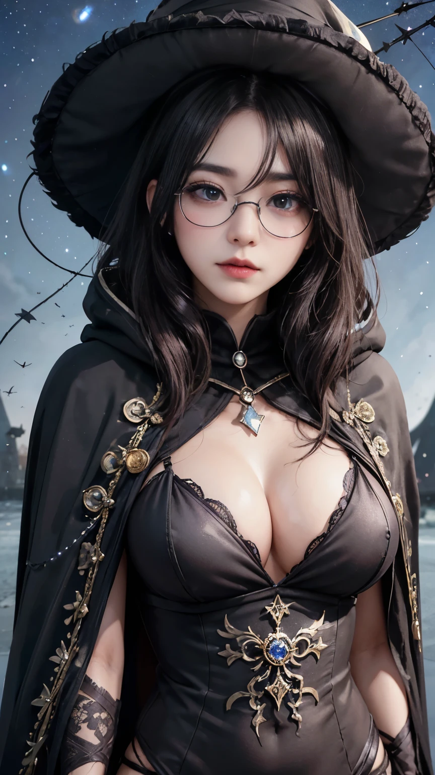 (Fatal Beauty,A charming villain,witch) ,(A supple and powerful physique),(Sensual charm),(Mysterious charm:1.1),(Captivating silhouette),((((Glasses))))、((((big sapphire necklace))))、(highest quality,High resolution:1.2),(dark,Threatening:1.1),((dark horror theme:1.5),(Thriller:1.5)),(Dark fantasy:1.5),  (((Countless stars fly away:1.5),(Absurd:1.5),(wonderful:1.5))),Woman in red Dress, (Powerful numbers:1.1),(((Big Breasts))),(((Fiery crown:1.1))),prime color,Urban,Very detailed,masterpiece,Intricate details,Faded,Very detailed, Eye for details,Intricate details,暗くてSpooky atmosphere,  Spiritual Beings, Unforgettably beautiful, Ghostly figures, Shadow-like shape, Spooky whispers, Ominous Aura, Goth Maiden, Very darkHer eyes, Like dazzling fur in a starless haze,Her Mogul Snaps, Mysterious Cemetery,Black hair swaying in the moonlight, She summons darkness, (beautiful: 1.7), (Black Hat: 1.6), (An intricately decorated jet-black cloak: 1.6), (Delicately decorated cloak, Despite the damage: 1.5), Hypermaximalist,  Breathtaking oil paintings, Surreal, Ultra-realistic digital illustrations that mimic the style of oil paintings, A seamless blend of Alex Grey&#39;s psychedelic visionary art and H&#39;s physical and mechanical aesthetic..r. Giger. wonderful構成,  (Shining Eyes:1.6)、(Glowing Eyes:1.1),(hellish landscape:1.1),(fire,sulfur:1.1),(Threatening atmosphere:1.1),(dark shadows,Threatening presence:1.1),(Unlucky Clouds,Stormy Skies:1.1),(dark,Spooky atmosphere:1.1),(Aura of misfortune,Evil energy:1.1),(dark aura,cigarette:1.1),(Extreme heat,Burning Flames:1.1),(Nightmare Visions:1.1),(Predicting the end:1.1),(Whispers of misfortune,Devilish Laugh:1.1),(Cry of pain,echoing screams:1.1),(Bad luck symbol,Ancient runes:1.1),(Mysterious relic,dark art ifacts:1.1),(Infernal ritual,ritual sacrifice:1.1),(Eternal ruin,A hopeless existence:1.1),  Inspired by abandoned mech backgrounds. Art created by Craig Mullins, Necrostyle., Detailed Description, Futuristic sci-fi scene. Focus on SFCon