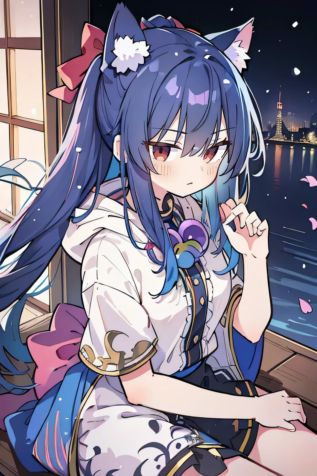 (masterpiece:1.2),Super detailed,lifelike,Expressive eyes,fair skin,perfect face shape,1 girl,
Japanese comics,Gorgeous blue hair,flowing blue hair,flowing clothes,Cat ears,Petals fall,beautiful lola,Baby Angel,
Shaking head with one hand,Cross your legs,Gentle and peaceful background,The pavilion is cool and comfortable,smile, wearing hoodie, background of tokyo,back views,snowing, winter,lie on the water. (Best Quality: 1.3), (Masterpiece: 1.3), (Illustration: 1.3), (Ultra Detailed: 1.3), (Imide Lens: 0.9), 1girl, Medium Breasts, Purple Eyes, ((Dark Blue Hair) ), hair accessories, young, clothing-gladiia, long hair, dark blue hair, indoors, black shorts, high socks, low ponytail, expressionless, upper body, close-up, coat, skirt,