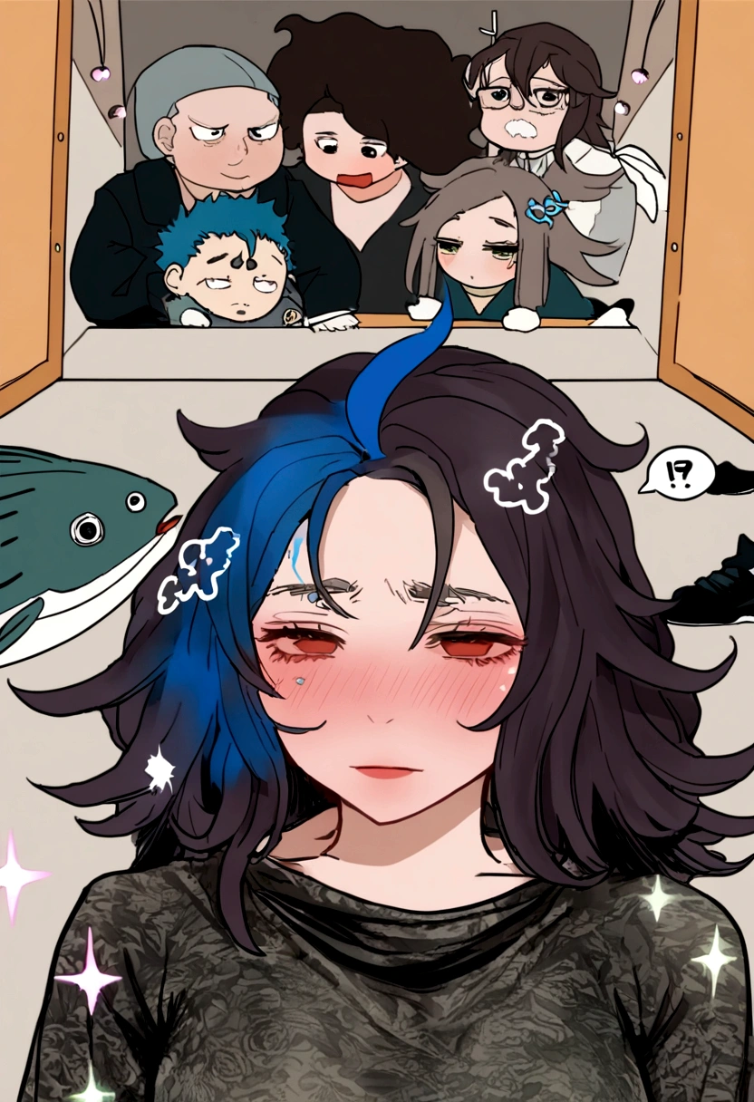 1 , bonito, cabelo preto, comma hair, forehead comma hair, cabelo coreano, estilo de rua, Moletom roxo, brilhante, olhos vermelhos, olhando para o espectador, tronco, shy face