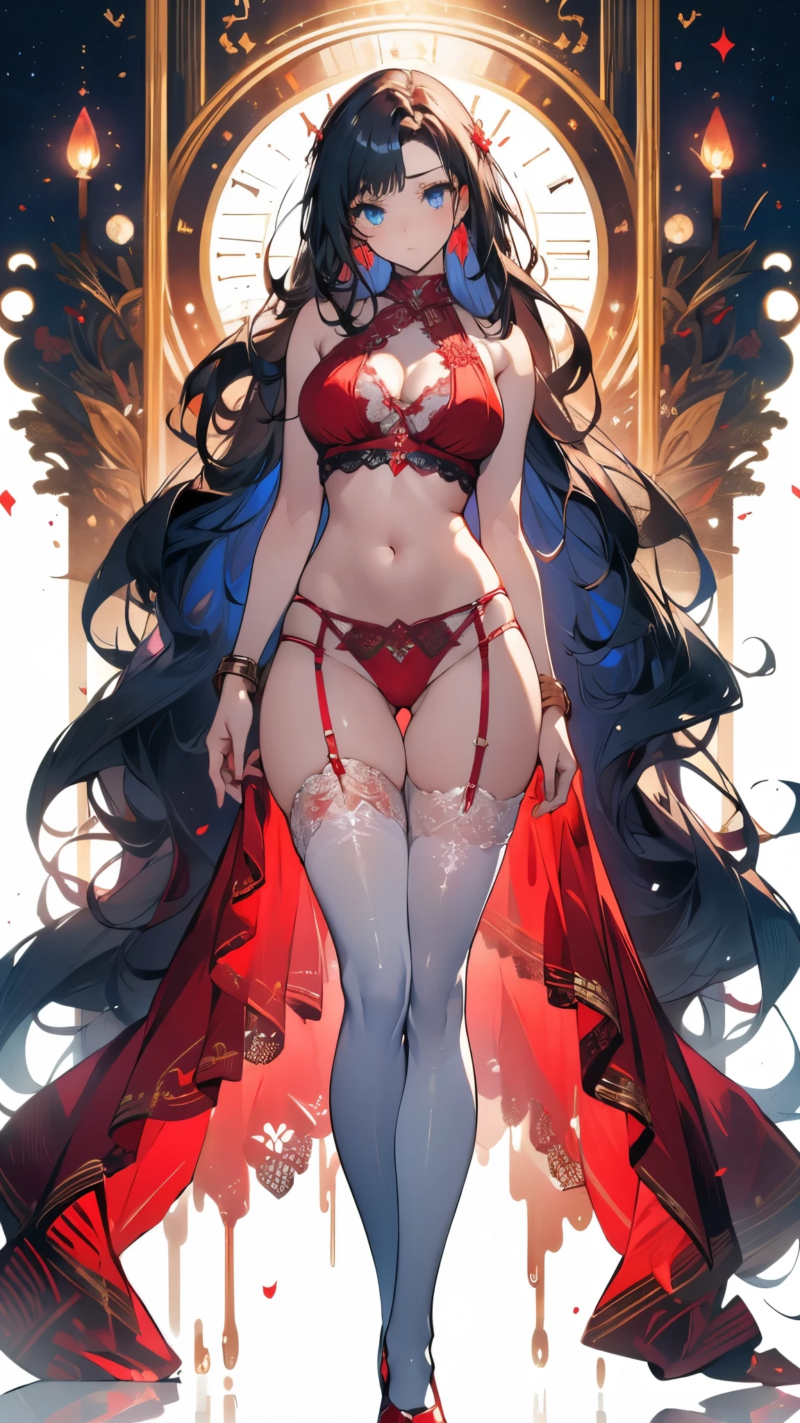 ((masterpiece, best quality)), Delicate face,Magician,Gold and red,whole body,Standing picture,Long legs,Large Breasts,Gradient long wavy hair,Perfect body proportions,Beautiful blue eyes,Extremely beautiful,transparent, Pure white background,cloud,flame,Erotic_lingerie,Sexy_Bikini,Lace,Garter stockings