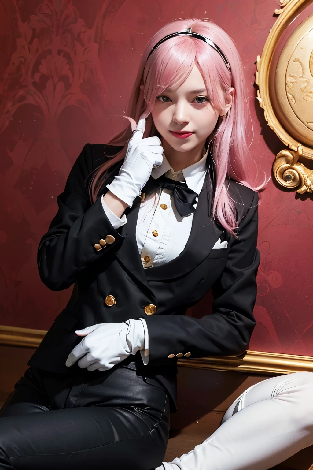 (8K, top-quality, masterpiece:1,2), (reallistic, Photorealsitic:1.37), Super Detail, One girl,), (Highly detailed), (beautifully detailed eyes), (of the highest quality), (super detailed ), (masterpiece), (Detailed face),20yr old, ,1 girl, ((pink hair,Very long hair)), medium breasts, clothed, Perfect Lighting, (black tailored jacket:1.3), (white shirt:1.2), (black vest:1.2), (black skinny pants:1.3), (smart and cool impression:1.4), (white tie:1.2), (white cuffs:1.2), (gold buttons:1.2), (black stockings:1.2), (black loafers:1.2), (white gloves:1.2), (black headband:1.2), BREAK ears visible, (cool and smart impression:1.4), eyes sharp, (smile:1.2),, pointing chest gold button, (left hand behind:1.2), holding white tie, (luxurious mansion room:1.3), (dark red wallpaper:1.2), (gold decoration:1.2), garden view from window, (natural light:1.2), light hitting face and clothes, (strong contrast:1.2)