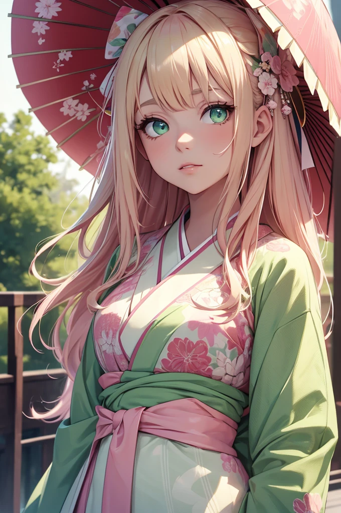 8K, Best Quality, Masterpiece, Ultra High Resolution, 1 Girl, Beautiful Eyes, Light Green Eyes, Face Details, Pink Hair, Blonde Hair, Long Hair, Hair Bow, White Kimono, Pastel Kimono Pattern, Red Trim Kimono, Standing Outside, Pale Skin, Masterpiece, Best Quality, Upper Body, Looking at the Viewer, Close Up