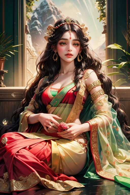 Goddess parvati, animated style, closeup shot, anime in a red and green combination indian dress(saree or lahaenga choli), long black hair wavy hair untied with hair ornaments, innocent expression, bright big blake eyes, holding a flower, natural beauty, vibrant colors, dreamy, northern light, pink bubble, romantic, soft lighting, vintage aesthetic
