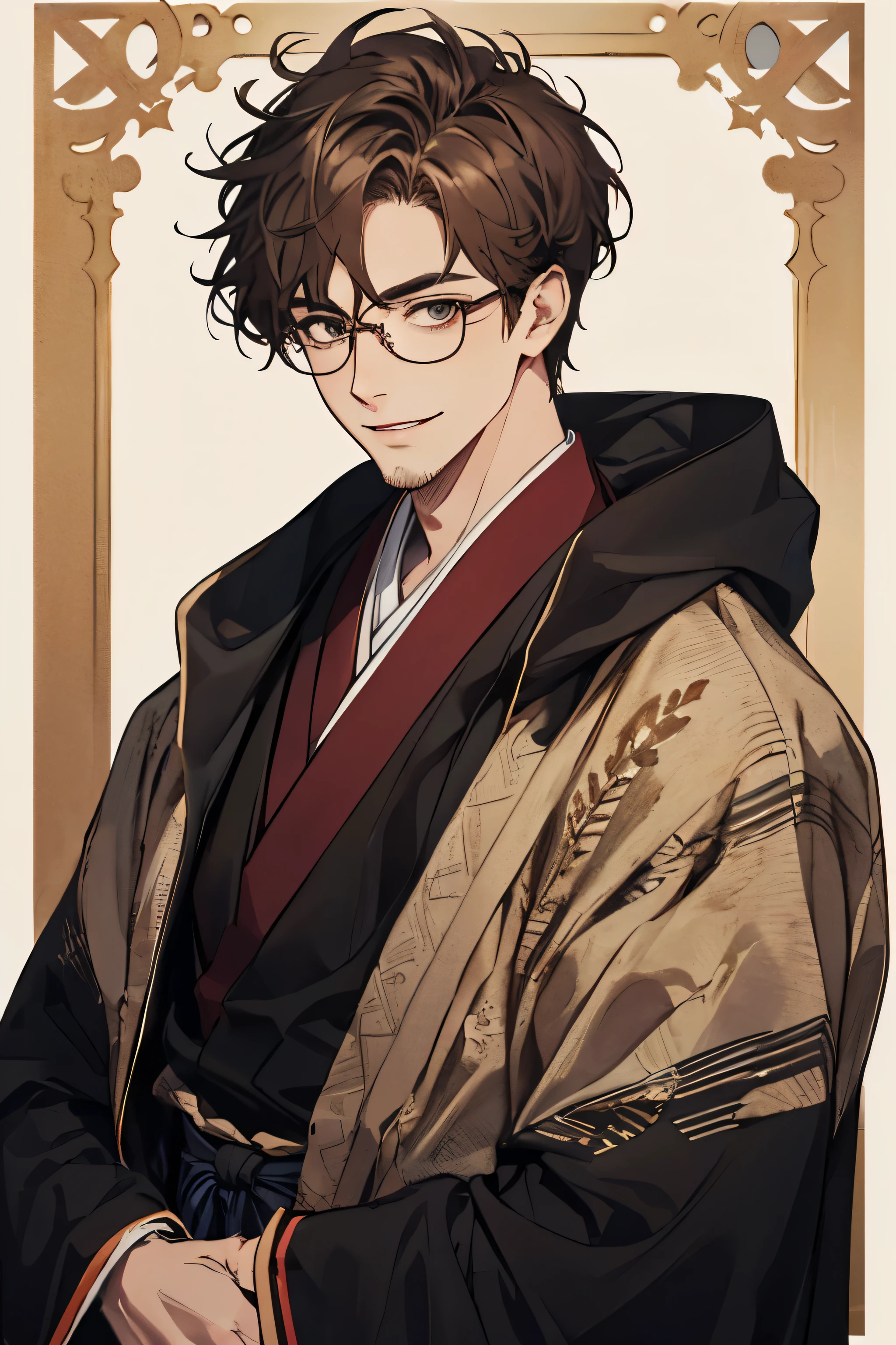 36 years old, (1 person:1.3), Warm Skin, Kind eyes, Mature Face, All-night, Short brown hair, Face focus, Adult,Tired smile, highest quality, Facial details, whole body, Lean body type, Glasses, Shaggy Hair, (Perm:1.1), Middle Hair, front, Masterpiece, representative work, (Thin beard:0.9), goutee, Front, tall, Elevation, Front facing, Character portrait, Taisho, Cowboy Shot, Knee, Hakama, Plain background, Patterned jacket, Hip Up, Hunchback, Put on the cloak, (looking to forward:1.1), smile, Facing, Facing the camera