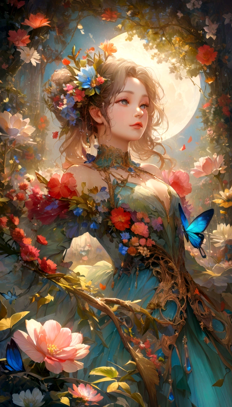 The background is greenblue,moon light,All expressed with jewels, the arrival of spring, various beautiful flower
, Beautiful Rainbow-colored feathers swallowtail butterfly,angles looking up from below, various jewels falling from the sky, wonderful and beautiful superb view, slightly hazy, fantastic, high resolution, 8K, (best quality, highres, realistic:1.37), shiny metallic flowers, intricate and delicate petals, reflective surfaces, vibrant colors, intricate details, close-up view, surreal garden, surreal beauty, dreamy atmosphere, fine art, abstract botanicals, metallic sculpture, contrasting textures, ethereal glow