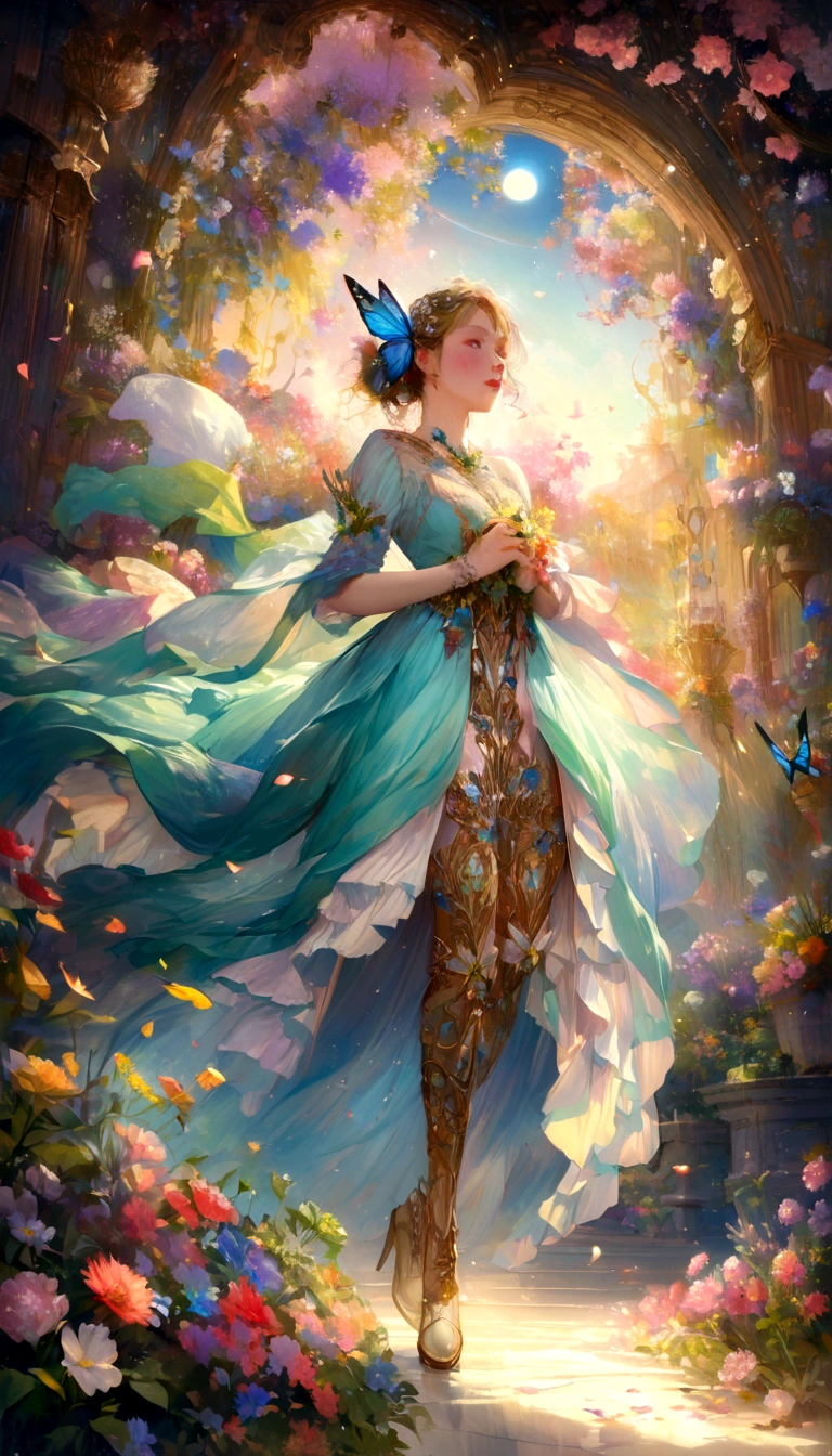 The background is greenblue,moon light,All expressed with jewels, the arrival of spring, various beautiful flower
, Beautiful Rainbow-colored feathers swallowtail butterfly,angles looking up from below, various jewels falling from the sky, wonderful and beautiful superb view, slightly hazy, fantastic, high resolution, 8K, (best quality, highres, realistic:1.37), shiny metallic flowers, intricate and delicate petals, reflective surfaces, vibrant colors, intricate details, close-up view, surreal garden, surreal beauty, dreamy atmosphere, fine art, abstract botanicals, metallic sculpture, contrasting textures, ethereal glow