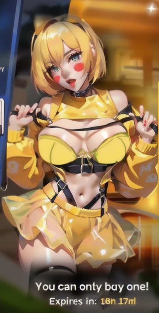 Anime girl in yellow clothes poses with a bus in the background, Faye Wong Valentine's Day, (SFW) Work, Attractive anime girl, Qatar, luster, Popular on cgstation, Like artgerm, Used cloth, Space suit, rossdraws cartoon vitality, Extremely detailed artger, Kagamine Rin(((Full and soft breasts,)))(((Large Breasts))) (((Cleavage))),