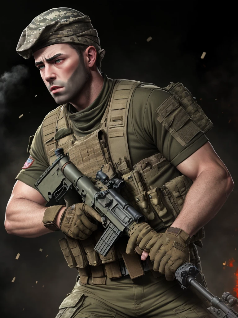 a mercenary man with brown hair and hazel eyes, wearing a bullet belt, combat boots and a red bandana, angrily aiming and firing an assault rifle with muzzle flash in a war zone, shell casings on the ground around him, (best quality, 4k, 8k,highres, masterpiece:1.2), ultra-detailed, (realistic, photorealistic, photo-realistic:1.37), military,gritty, intense, cinematic lighting