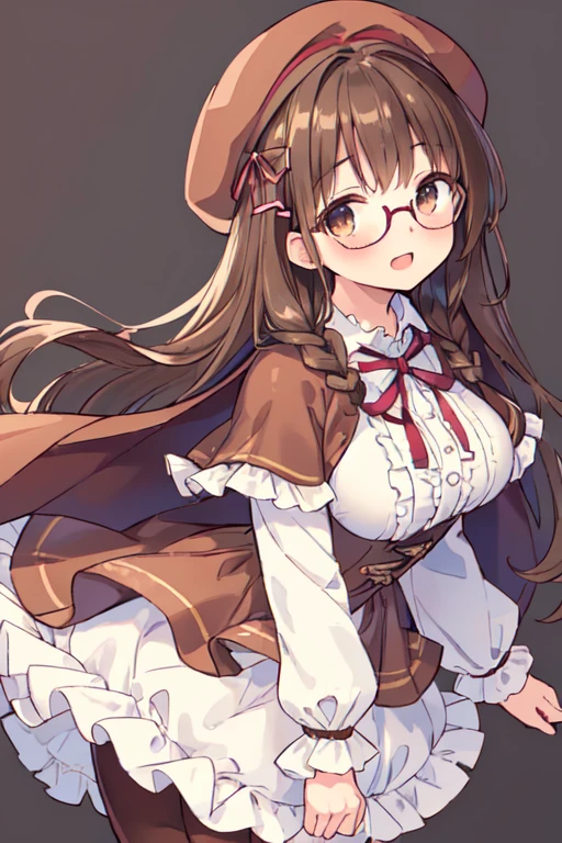 (best quality, masterpiece:1.2), illustrations, a cute girl, cute face, kawaii, very lovingly face,
 16-year-old, early teens,
 (single braid:1.2), dark brown hair, shiny hair,
 light brown eyes, droopy eyes, glasses,
 large breasts, large buttocks, voluptuous,
((brown beret) with ribbon), ((brown and white frilled dress), (frilled skirt), (multiple layers of frills)), fluffy panniers, (brown leggings), (brown cape coat),
 smile, open mouth,
 white background,