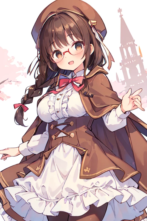 (best quality, masterpiece:1.2), illustrations, a cute girl, cute face, kawaii, very lovingly face,
16-year-old, early teens,
(single braid:1.2), dark brown hair, shiny hair,
light brown eyes, droopy eyes, glasses,
large breasts, large buttocks, voluptuous,
((brown beret) with ribbon), ((brown and white frilled dress), (frilled skirt), (multiple layers of frills)), fluffy panniers, (brown leggings), (brown cape coat),
smile, open mouth,
white background,