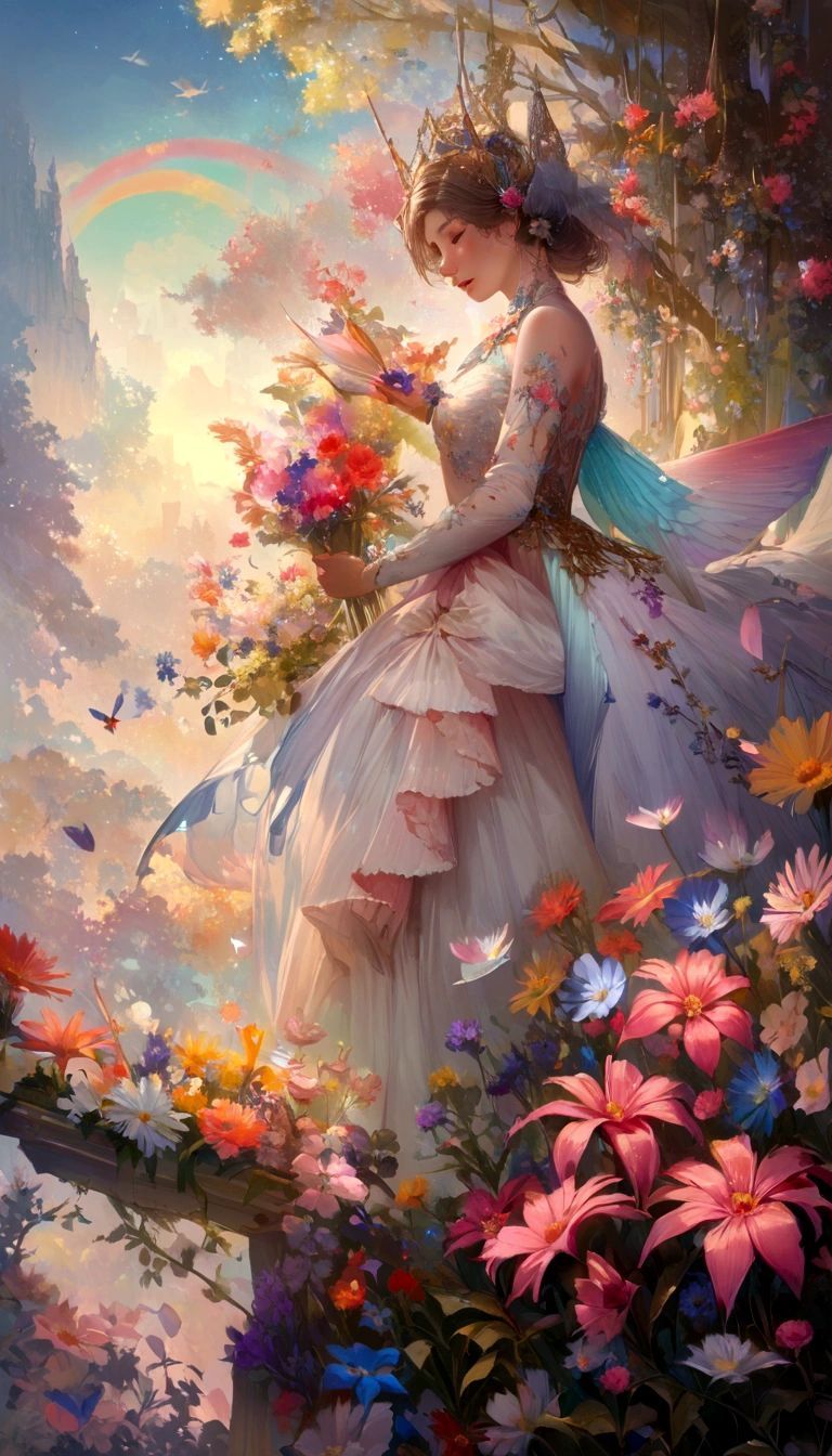 moon light,the arrival of spring, various beautiful flower
, Beautiful Rainbow-colored feathers swallowtail butterfly,angles looking up from below, various jewels falling from the sky, wonderful and beautiful superb view, slightly hazy, fantastic, high resolution, 8K, (best quality, highres, realistic:1.37), shiny metallic flowers, intricate and delicate petals, reflective surfaces, vibrant colors, intricate details, close-up view, surreal garden, surreal beauty, dreamy atmosphere, fine art, abstract botanicals, metallic sculpture, contrasting textures, ethereal glow