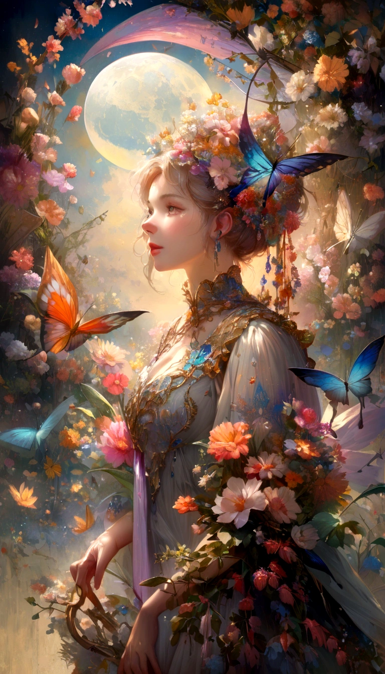 moon light,the arrival of spring, various beautiful flower
, Beautiful Rainbow-colored feathers swallowtail butterfly,angles looking up from below, various jewels falling from the sky, wonderful and beautiful superb view, slightly hazy, fantastic, high resolution, 8K, (best quality, highres, realistic:1.37), shiny metallic flowers, intricate and delicate petals, reflective surfaces, vibrant colors, intricate details, close-up view, surreal garden, surreal beauty, dreamy atmosphere, fine art, abstract botanicals, metallic sculpture, contrasting textures, ethereal glow