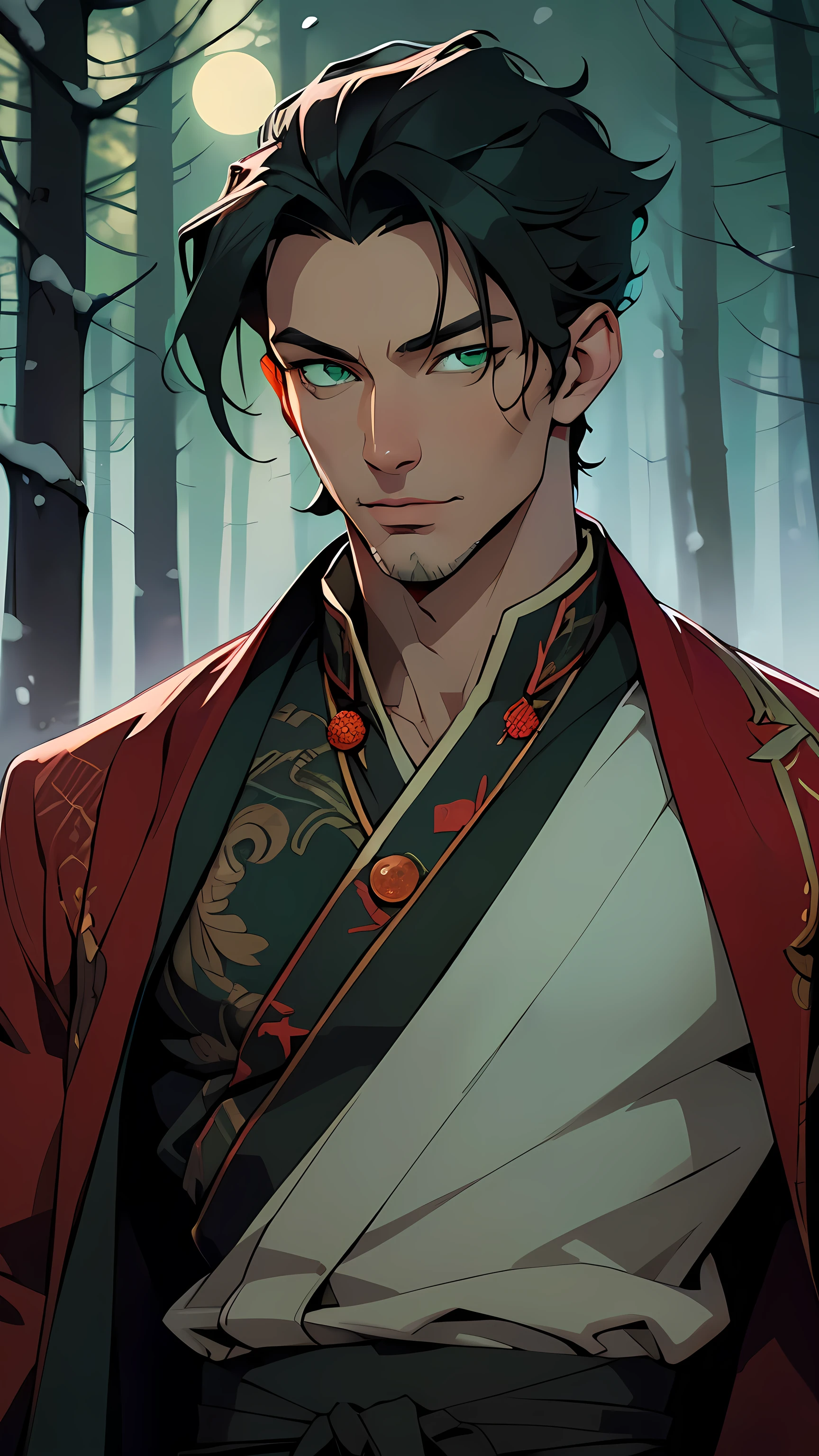 Man, asian type,Man:1.5,1 Man,,(male,muscle,1 boy, 1 boy,chest,Man chest, muscular), 25 year old Man,young,((1male,1 male,1Man,Man,male gender:1.5,handsome Man,male focus)),young handsome male,(black hair),(((green_eyes:1.3))),difficult eyes,beautiful detailed eyes,symmetrical eyes,((detailed face)), certain body, waist-deep body smiling face, squinted eyes, (((green eyes))), ((black hair shoulder length)), ((goaty)) , facial haor, adult man

(((handsome magician in red aristocrat clothes))),((difficult outfit,difficult clothes)), Waist-deep frame

(dynamic pose:1.0),derisive,(centered,scale to size,rule of thirds),

((snowy pine forest at night, dark forest, snow, Foggy, An eerie aura, creepy atmosphere)),with dark storm clouds,winter,Landscape:1.25,difficult Landscape,((snow forest background)), ((night)), Moonlight

(Glossy winter ornaments),a high resolution,sharp focus,(ultra detailed,extremely detailed),(photorealistic work:1.37),(extremely detailed CG unity 8k wallpaper),(((bright colors,bright theme))),(difficult),(masterpiece),(Best quality),art photography,(photo taken by sldr),(difficult background),perfectly drawn face,perfect facial details,realistic face,photo realistic,((difficult detail)),(((realism))),
