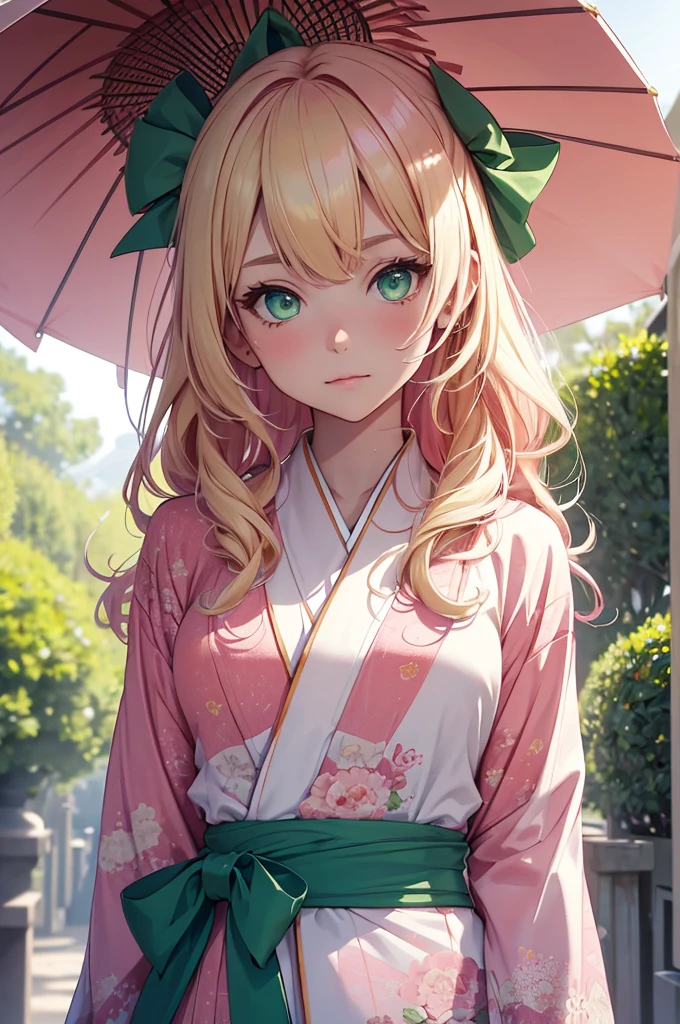 8K, Best Quality, Masterpiece, Ultra High Resolution, 1 Girl, Beautiful Eyes, Light Green Eyes, Face Details, Pink Hair, Blonde Hair, Long Hair, Hair Bow, White Kimono, Pastel Kimono Pattern, Red Trim Kimono, Standing Outside, Pale Skin, Masterpiece, Best Quality, Upper Body, Looking at the Viewer, Close Up