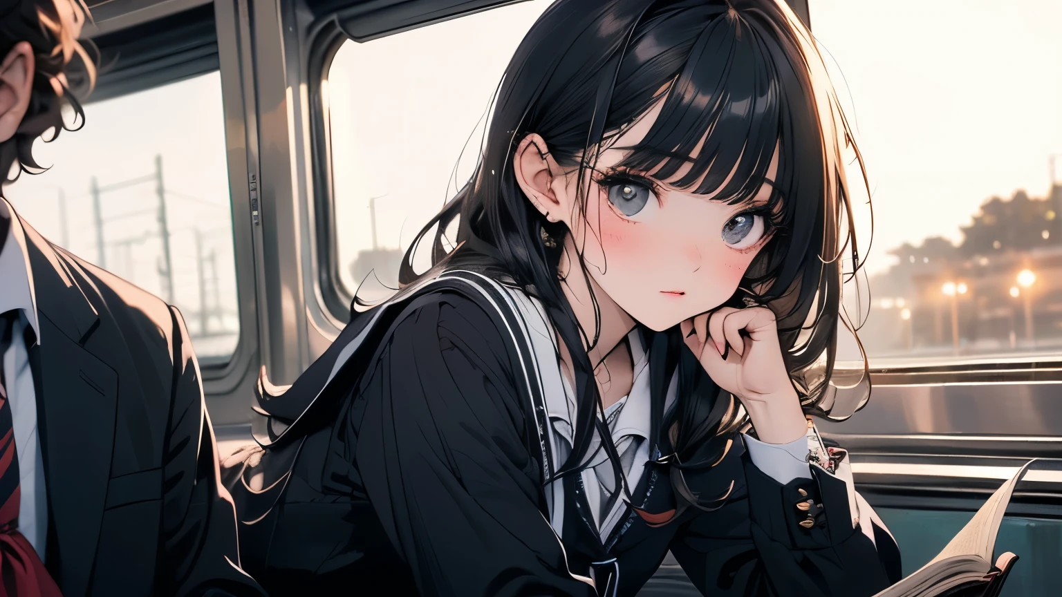 ((Beautiful schoolgirl:1.5),High resolution, highest quality),Wearing a sailor uniform,Super detailed, Big bright eyes, dark and brilliant curly hair, Sad look, Rosy Cheeks, Soft Light, Pure white background. riding a train,Reading a book,whole body,Attractive legs,whole body,Her legs are slightly apart