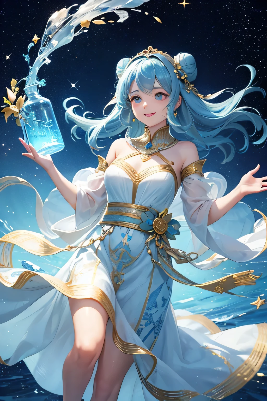 a beautiful goddess,a girl who is representative of aqueous,bun hair,hair accessories,holding a water jar which is floating water from,with both hands,smile,her hair and dress are waving with the wind, stars patterned background,shining, sparkling, holy,illusory,mysterious,dreamy,