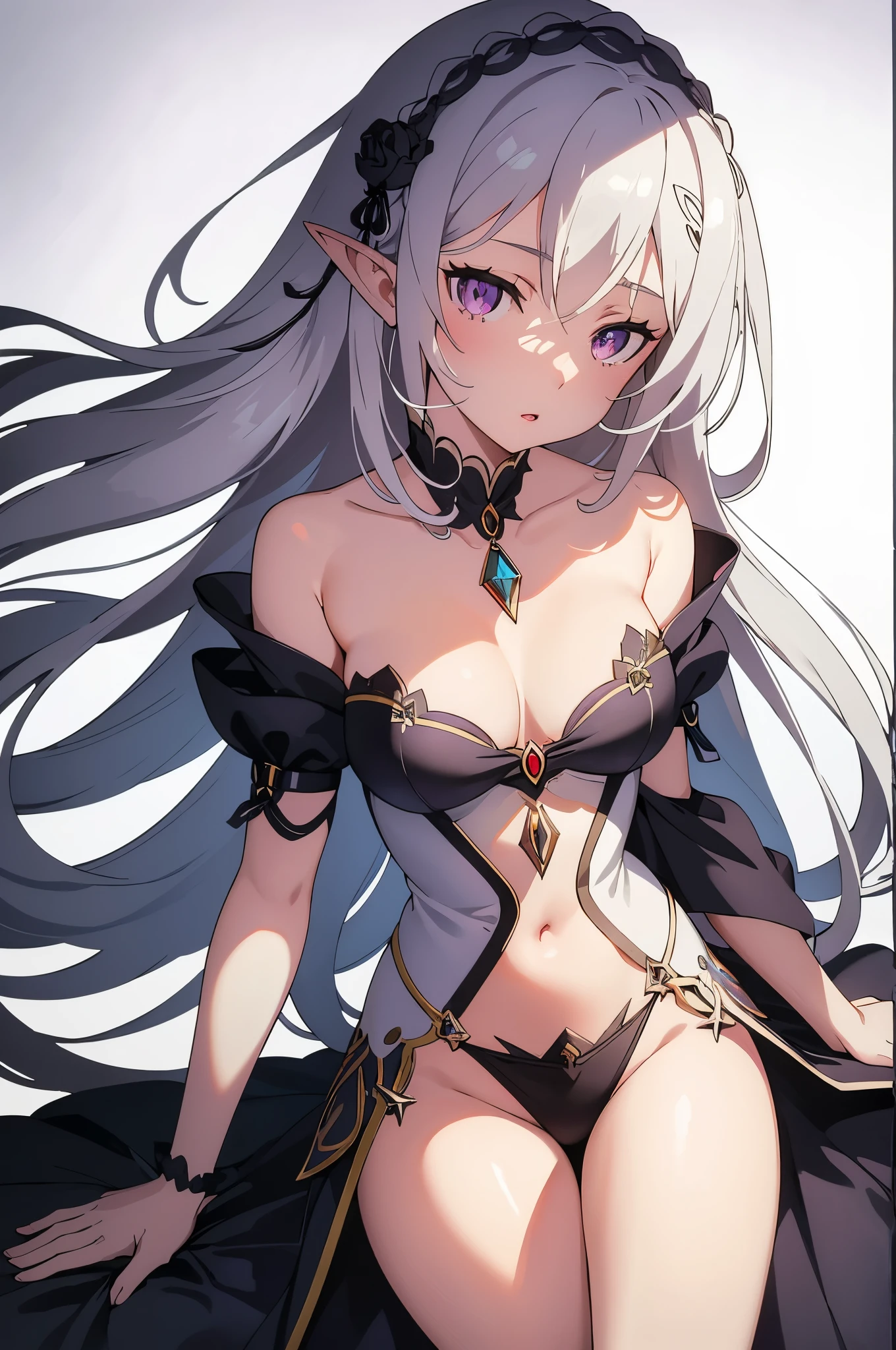 Emilia re:zero, purple eyes, Emilia, crown braid, x hair ornament, flower hair ornament, white hair, long hair, medium breasts, 1girl, anime, cute girl, elf, blank background, white background, fantasy, detailed dark fantasy dress with highlights, beautiful face, beautiful eyes, dark colors, medium breasts, slight cleavage, beautiful skin, cute, silver hair, red eyes, breast curtains, extremely delicate and beautiful, (beautiful detailed face:1.0), (detailed deep eyes), symmetrical breasts, deep eyes, shiny skin, portrait, slender waist, hips wider than shoulders, thighs, young girl