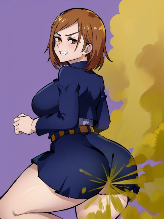 nobarakugisaki, Kugisaki Nobara, wearing default outfit, dark blue outfit, fine details, big breasts, bending forward, farting, massive fart, yellow smoke, leaning, clenching teeth, smiling, wide eyes, viewing ass, skirt blowing, upskirt