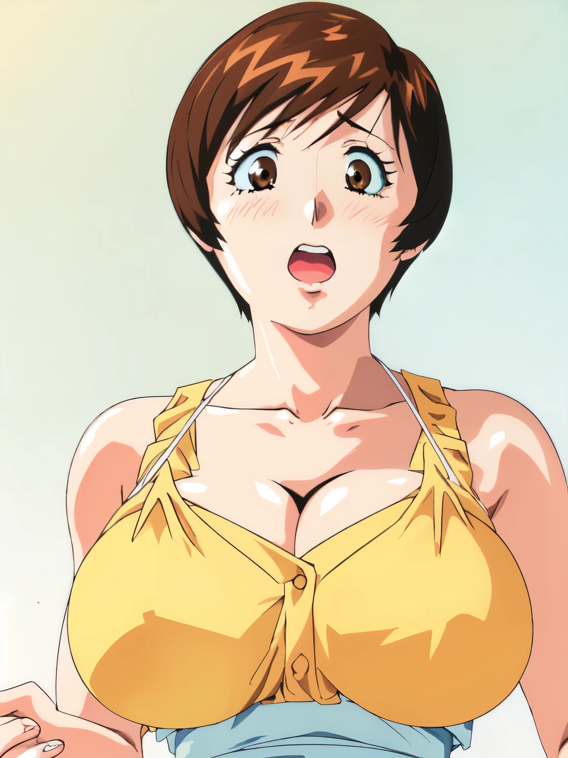 masterpiece, highest quality, High resolution, One girl, alone, sexual intercourse, Pornographic images, short hair, etsukoto, Brown eyes, fine grain, fine grain, (((Thick thighs, Plump thighs, Voluptuous thighs, Thighs alone are enough))), Huge and ample breasts, Cleavage, Huge long breasts, Naughty big,((Big breasts are important))、((Naughty thighs)), L Cup, (thin:1.4),(Tight waist:1.4),  (Yellow Dress:1.4), ((white waist apron)), White panties, surprised, wide eyed, open mouth, (((Simple Background))), ((Wide Hips)), Shiny, Oily skin, Mature mother, Calf, Seductive mature woman, Perfect body, Plus Size Model, etsukoto, blush, clavicle, retro artstyle, 1990s (style), ((upper body)), from side, (((looking down))),