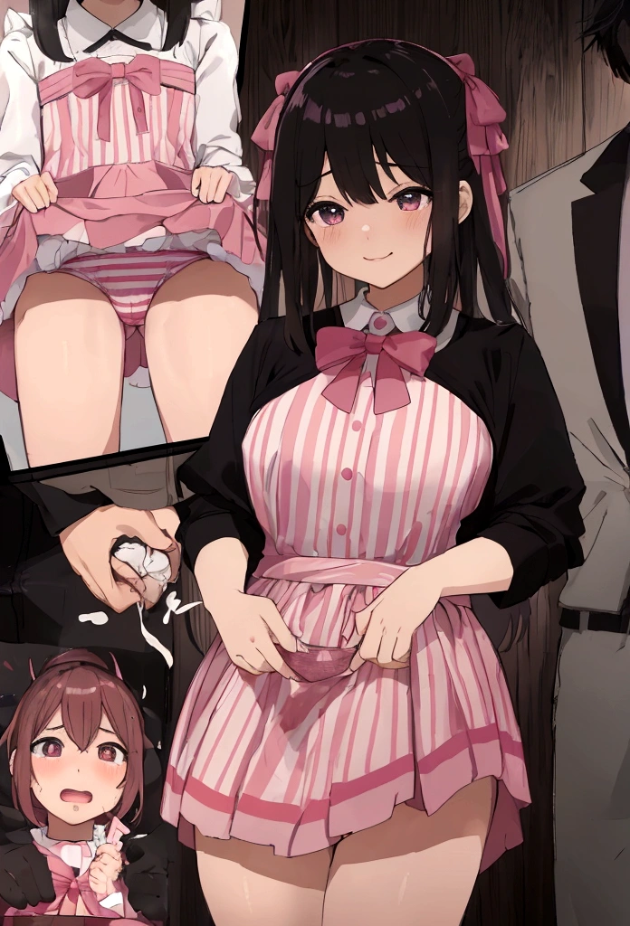 、Pink dress、Striped underwear、Skirt Lift、Men are surrounding a girl while holding their dicks、Teasing Smile、ejaculation、ちんこから、In the city、Bukkake for girls、Thick thighs、low length、、Males are huddled