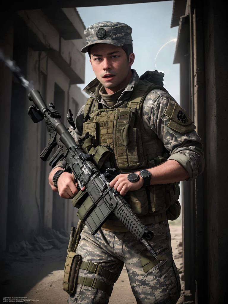 a mercenary man with brown hair and hazel eyes, wearing a bullet belt, combat boots and a red bandana, angrily aiming and firing an assault rifle with muzzle flash in a war zone, shell casings on the ground around him, (best quality, 4k, 8k,highres, masterpiece:1.2), ultra-detailed, (realistic, photorealistic, photo-realistic:1.37), military,gritty, intense, cinematic lighting