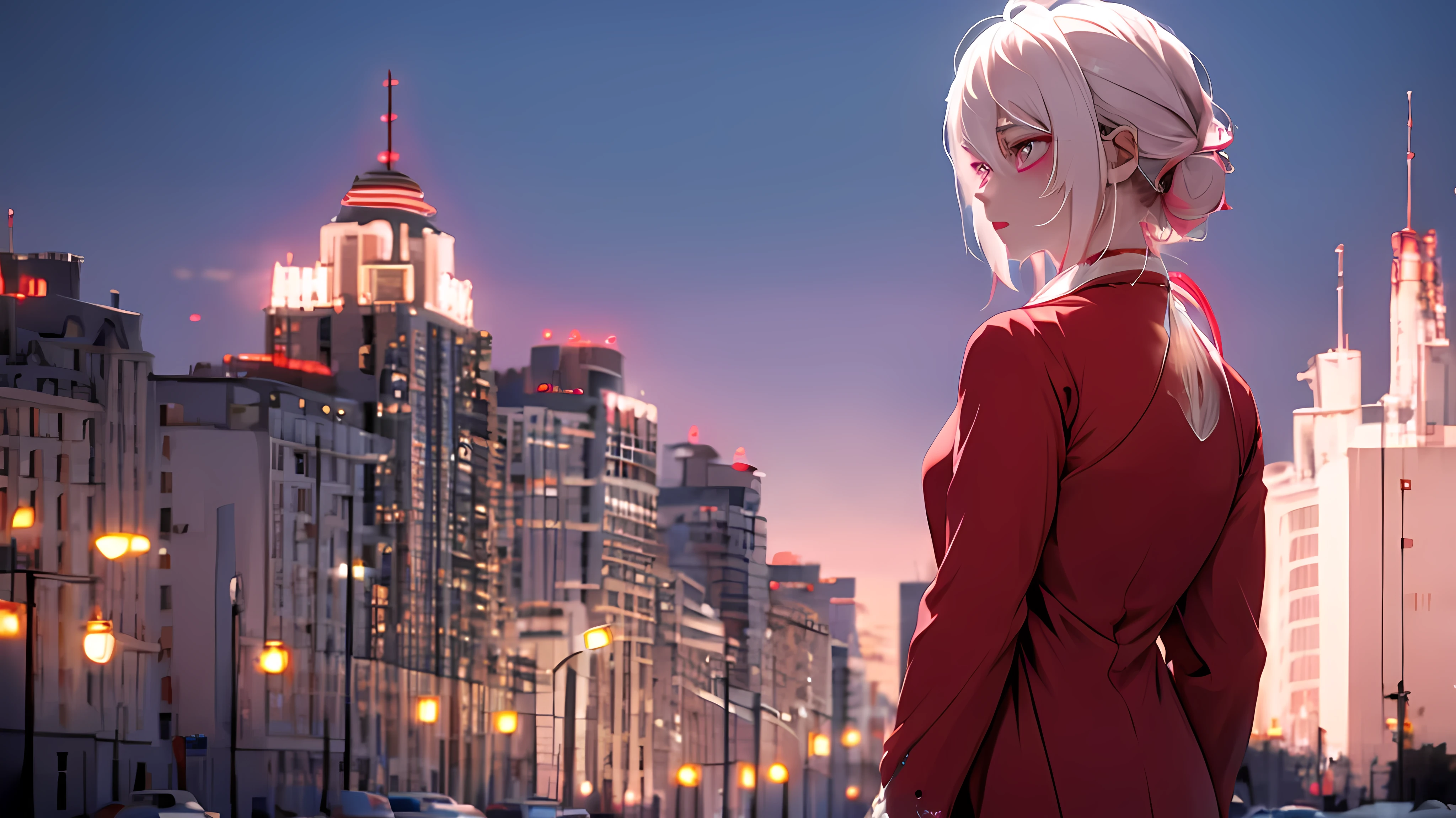 1 girl, medium light white hair, light pink eyes, wearing red suit, city, absurdres, high res, ultrasharp, 8K, masterpiece, looking from behind