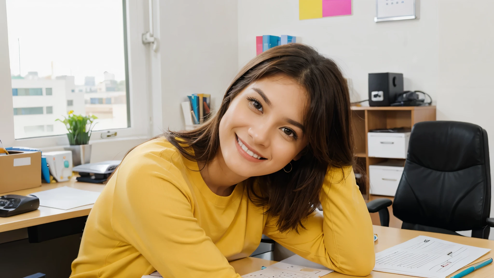 A beautiful happy woman looking at camera while sitting at office, copy space 