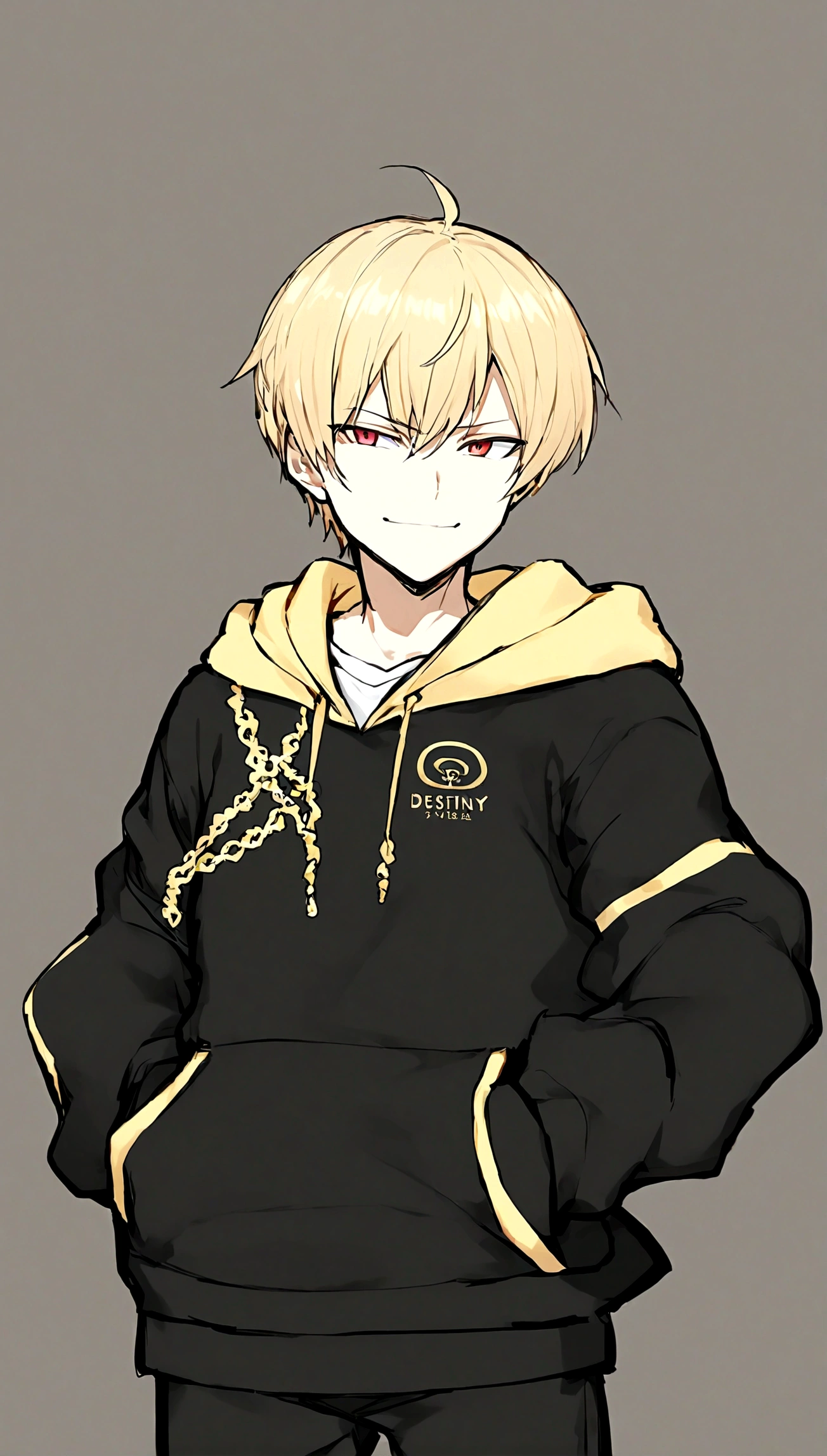 1boy，Black jacket，hoodie，White shirt，blond，gilgamesh \ (destiny \)，Hands in pockets，hood，hood向下，hoodie，Male focus，Red Eyes