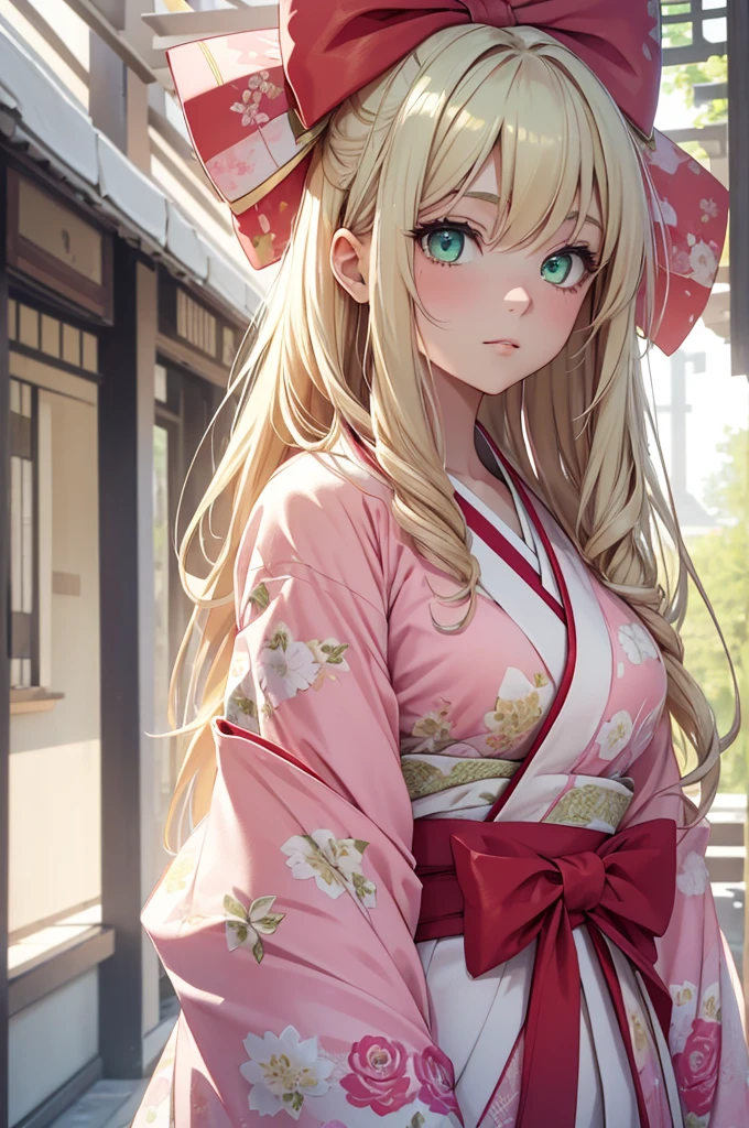 8K, Best Quality, Masterpiece, Ultra High Resolution, 1 Girl, Beautiful Eyes, Light Green Eyes, Face Details, Pink Hair, Blonde Hair, Extra Long Hair, Hair Bow, White Kimono, Pastel Kimono Pattern, Red Trim Kimono, Standing Outside, Pale Skin, Masterpiece, Best Quality, Upper Body, Looking at the Viewer, Close Up