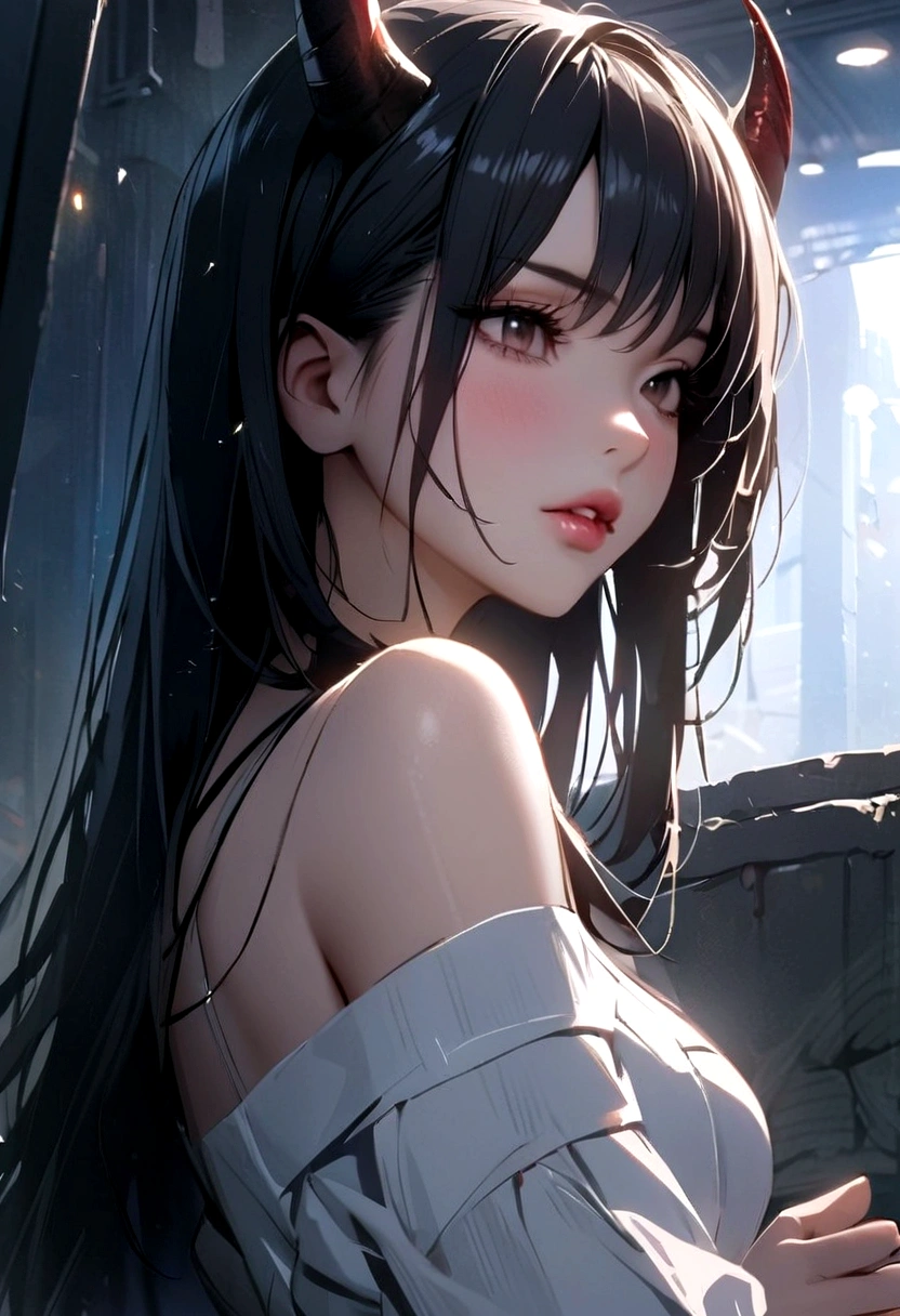 8K，tmasterpiece，bset quality，The large，（1个Giant Breast Girl），Tifa Lockhart，red color eyes，Top-down view，The rooftop of the city，brunette color hair，long whitr hair，profesional lighting，（shiny skins：1.2），shiny big，（（best qualtiy）），tack sharp focus：1.2，Highly Detailed Face and Skin Textur，Detailed eyes，s the perfect face，Perfect body，blur art，CG，Background with，20yr old，Mature cool beautiful face，dressed in（（Slip black skirt），black elbow gloves， white taut shirt，upper legs，Gilet blanc），Blushlush，Lively posture，（mittgal），Floating hair，Close-up above the chest，ssmile，cleavage