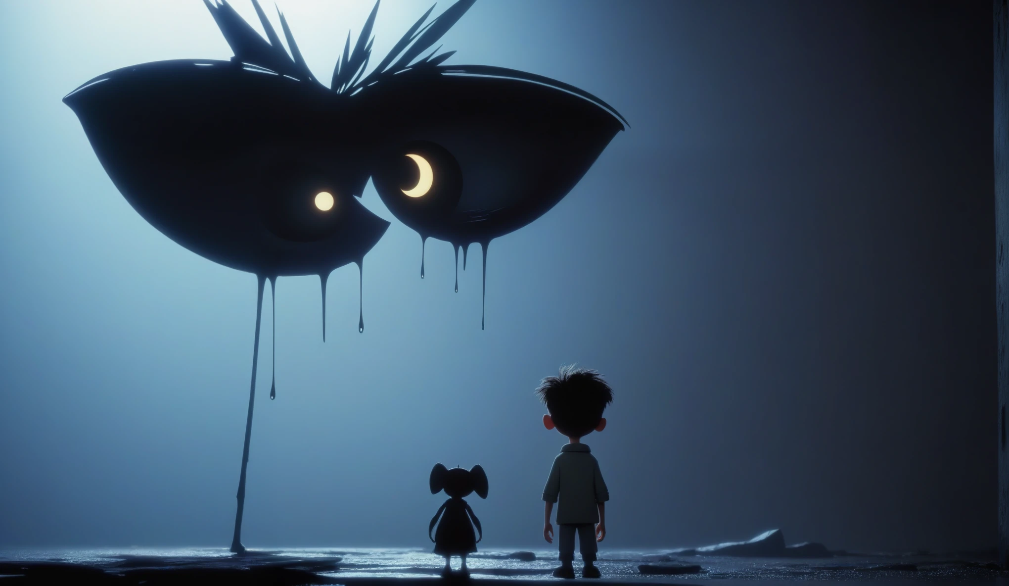Create a simple and elegant“Love, Death, and Robots" logo, shedding niobium tears. The design should convey a strong sense of sadness and melancholy, using a minimalist approach with clear lines and using only high contrast deeply matte black, nicola samori,ben templsmith,Irina Yermolova,,pixar movie still, pixar movie screenshot, frame from pixar movie, animated movie still, still from the pixar movie, still from a pixar movie, disney pixar movie still, pixar movie scene, still from pixar movie, still from a 2001 pixar movie, pixar render, animated film still