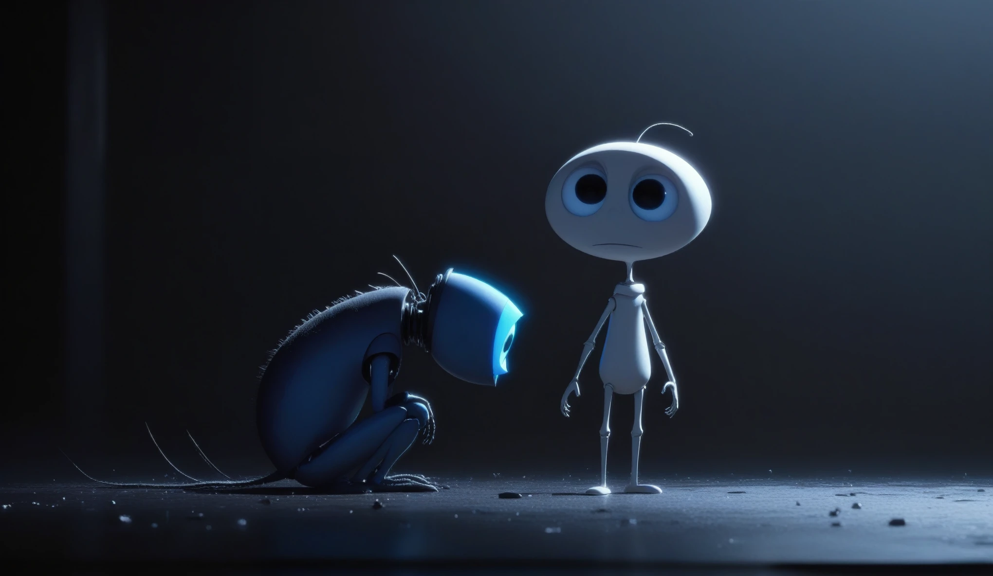 Create a simple and elegant“Love, Death, and Robots" logo, shedding niobium tears. The design should convey a strong sense of sadness and melancholy, using a minimalist approach with clear lines and using only high contrast deeply matte black, nicola samori,ben templsmith,Irina Yermolova,,pixar movie still, pixar movie screenshot, frame from pixar movie, animated movie still, still from the pixar movie, still from a pixar movie, disney pixar movie still, pixar movie scene, still from pixar movie, still from a 2001 pixar movie, pixar render, animated film still