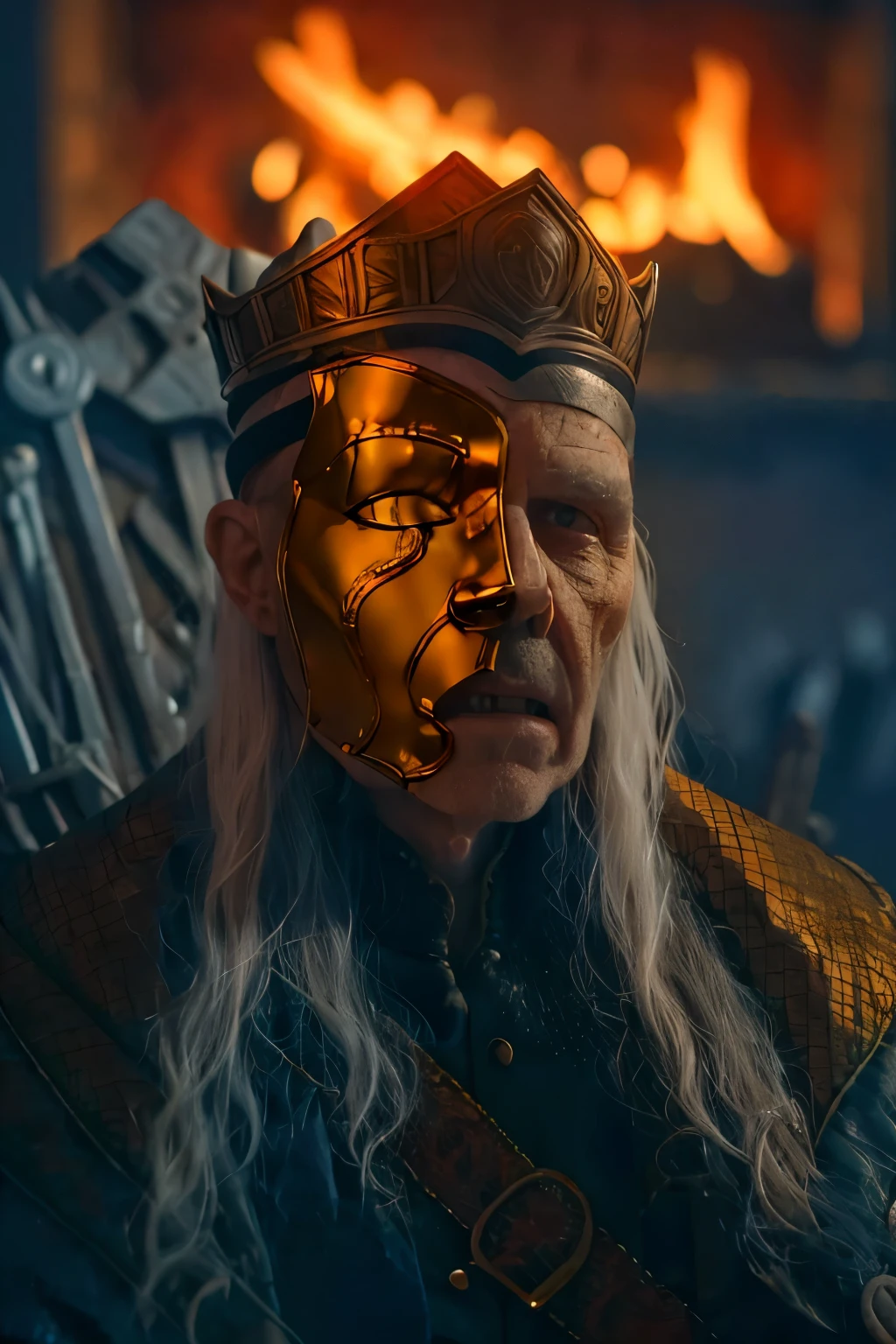 
(masterpiece, best quality:1.2), (((1 Man, male))), (((Cinematic epic poster))) of Sick Viserys ,((old man 80 years old)), ((hotting face)), zombie , ((wearing a golden mask on half face, crown on her head)),  sitting on Iron Throne, Gothic style, (((detailed face))), (a detailed RAW photo of a ), (master part:1.0), (best quality:1.4), (Ultra Highres:1.2), (photorealistic:1.4), 8K resolution, Canon EOS R5, 50 millimeters, Absurd, Ultra Detailed, sharp focus, Cinematic lighting, detailed face, (ULZZANG-6500-V1.1), detailed skin texture, pale skin, chest round, (pale :0.5), Cinematic lighting. (((Abstract flame background, cinematic lighting ))) 