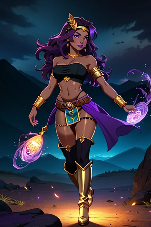 (best quality,8k:1.2,high resolution:1.2), dramatic pose, dynamic action, glowing lights, neon colors, cinematic lighting, photorealistic, 8k, best quality, masterpiece, ultra-detailed, physically-based rendering, ultra-detailed, 1female, solo, 25 year old woman, Sorceress, Fantasy, Fantasy environment, (Dark Skin:1.4), Purple eyes, Purple Hair, Pink Hair, Long Hair, (covered in tattoos:1.3), (Wearing: strapless top, loincloth, golden bracelets, golden head piece, golden knee high boots:1.2), looking at viewer with an amused smile, fierce and confident posture, both hands glowing bright purple, purple magic, bright purple sparks in both hands, expressive expression, dark and mysterious aura, complex eye makeup, mystical energy radiating from her hands, electric purple orbs swirling around her, (Night time, ethereal and magical atmosphere, outdoors, dark clouds in the sky, purple lighting, stone temple, mount top, stone structures, purple and magenta aroura's in the surroundings, gorgeous view of the mountains)
