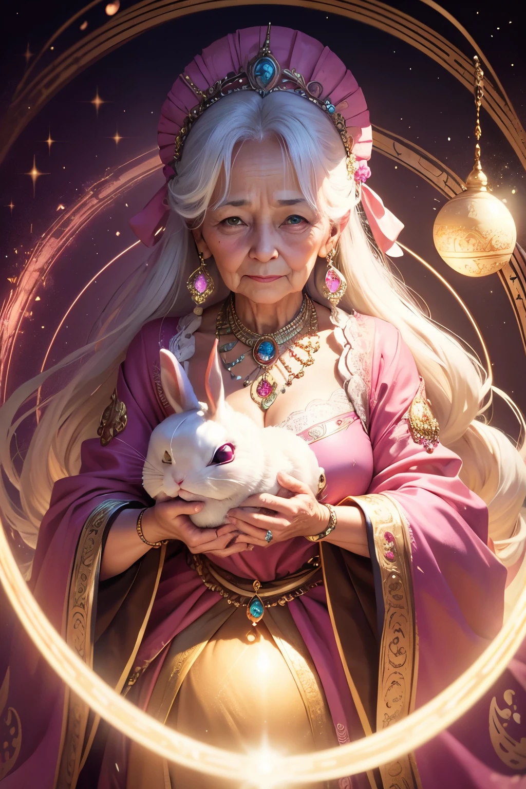 A shining old lady adorned with various jewels,The rabbit is holding a large ball,Staring straight into the camera, in the center,Very bright color, Light Particles, The light shines, Musibu, Wallpaper Art, UHD Wallpaper,Background pink、Divination for meditation、Mysterious