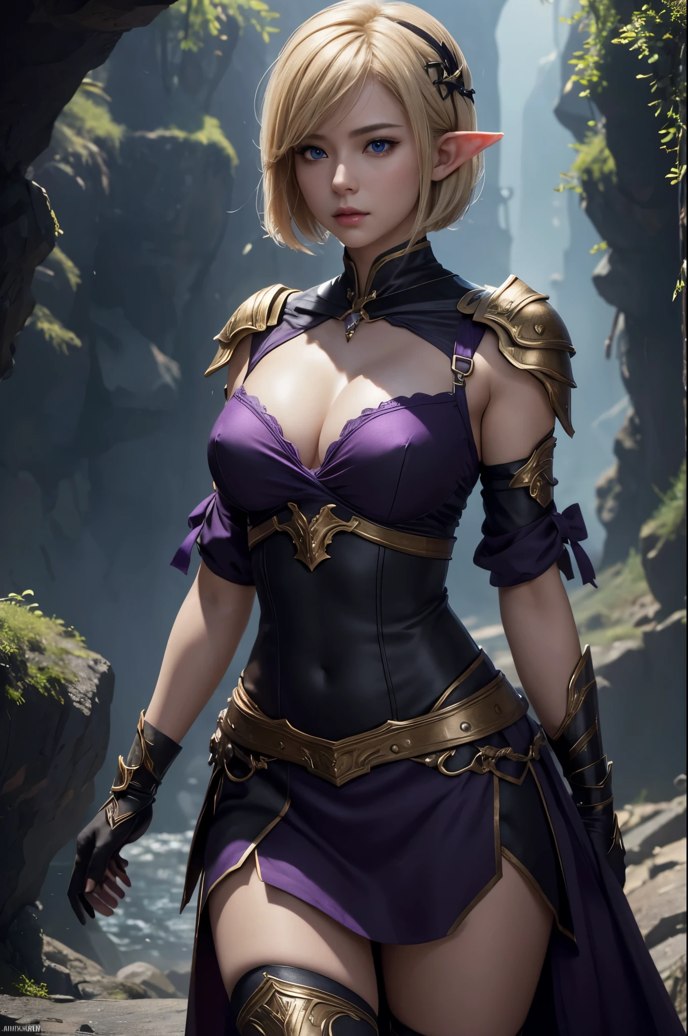 8K,Blonde short bob hairの超美しいエルフ,Alafeid woman wearing gorgeous purple and black breast armor posing with a bow, super detailed fantasy characters, 3D Rendering Character Art, ArtJam ; 3D Unreal Engine,  Stunning Armor, Amazing character art,  Gorgeous Female Paladin,超A high resolution,Ultra-Realistic Skin,Beautiful expression,Sexy appearance,attractive,Beautiful small breasts.Elf Ears,Model Chute Style、(the Extremely Detailed CG Unity 8k Wallpapers)、Full body photos of the most beautiful works of art in the world、Front 4 poses、Pearl Skin、diamond、Medieval architecture,trending at artstationh、CG trends、Every detail、Sharp focus、Dramatic and realistic painting、Beautiful small breasts、blue eyes、Beautiful expression、Accentuate your cleavage、Beautiful decoration,Inside the cave,Highly detailed photos, Ultra-high resolution, masterpiece, highest quality,  Perfect lighting, Detailed lighting, Dramatic Shadows,  Looking at the audience, 美しくEvery detailこだわっ青い瞳, Clear Eyes, Red lips, ((The dark earth of the underworld)), Upper Body, masterpiece,highest qualityのフォトリアリスティックなRAW写真。Bright colors,Rich colors, Backlight, Cinema Lighting, Film Grain, to be born, 50mm lens, Nikon D850,Detailed character art,Fantasy art,Ultra-high resolution,Ultra-Realistic Skin,Perfect hand shape,Fantastic landscape,Makeup,Hard and strong abs,Possesses a gorgeous purple and black bow,Purple and black combat trousers,Dynamic pose,Ready your bow,Blonde short bob hair,