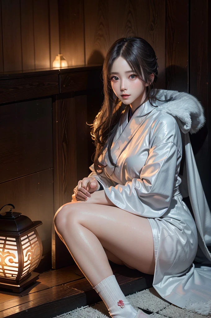 samurai、female、1 person、Samurai residence、cool、sexy、Armor、arms、have、the wind is strong、fog、highest quality、8k Masterpiece、超A high resolution、(Photorealistic:1.3)、RAW Photos、((Ultra-Realistic Details))、Portrait、Global Illumination、Shadow、Octane Rendering、8k、Super sharp、Beautiful breastetal、Cold colors、Very intricate details、Realistic Light、CGSoation Trend、Silvery white long hair、Glowing Skin、A super beautiful cyberpunk mage、Beautiful Eyes、Shining Eyes、sexy、Lots of exposure、１００Shining red Japanese lanterns、Wearing futuristic tabi socks、Beautiful breasts、Sexy expression、Sexy thighs、