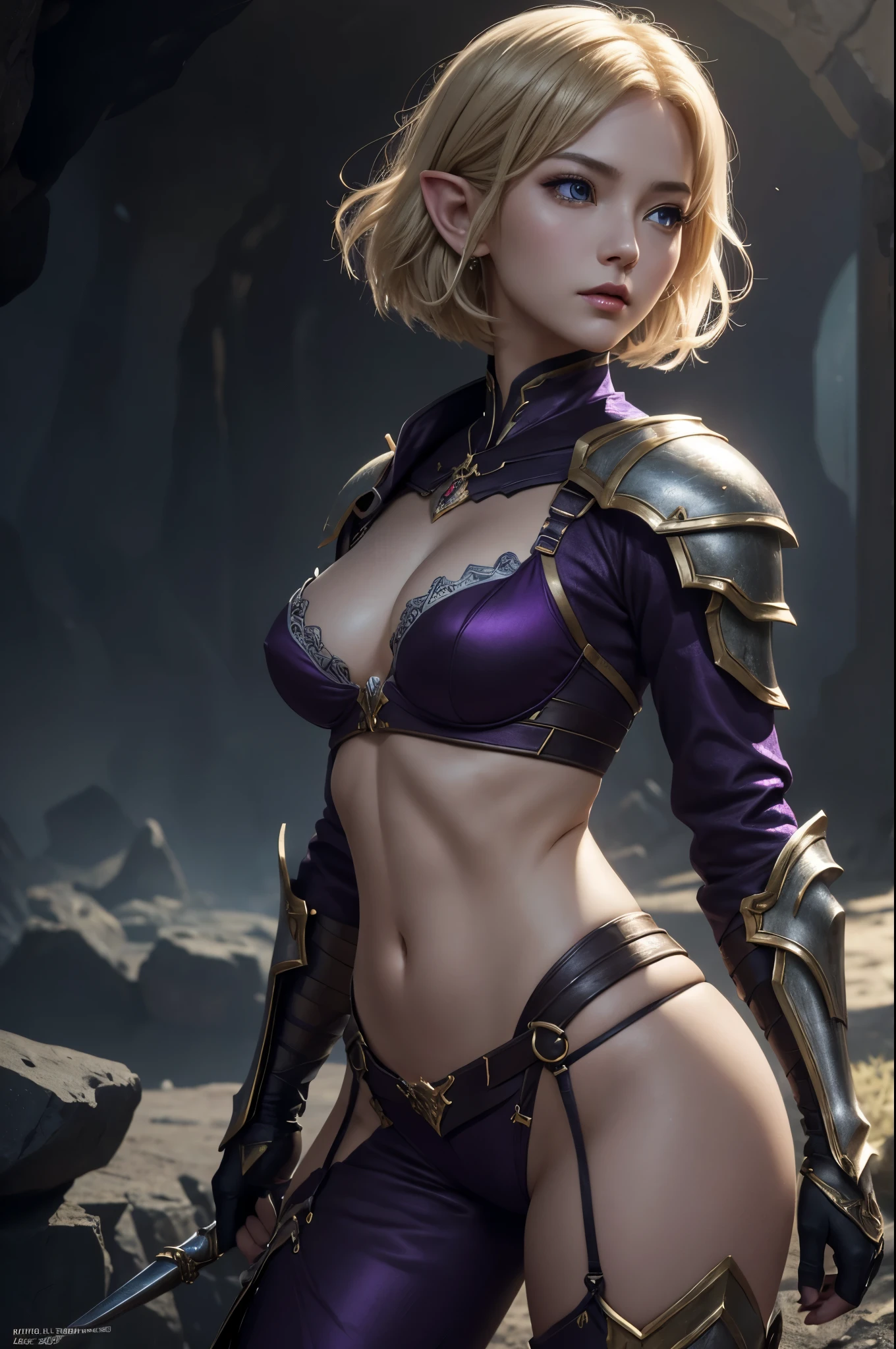 8K,Blonde short bob hairの超美しいエルフ,Alafeid woman wearing gorgeous purple and black breast armor posing with a bow, super detailed fantasy characters, 3D Rendering Character Art, ArtJam ; 3D Unreal Engine,  Stunning Armor, Amazing character art,  Gorgeous Female Paladin,超A high resolution,Ultra-Realistic Skin,Beautiful expression,Sexy appearance,attractive,Beautiful small breasts.Elf Ears,Model Chute Style、(the Extremely Detailed CG Unity 8k Wallpapers)、Full body photos of the most beautiful works of art in the world、Front 4 poses、Pearl Skin、diamond、Medieval architecture,trending at artstationh、CG trends、Every detail、Sharp focus、Dramatic and realistic painting、Beautiful small breasts、blue eyes、Beautiful expression、Accentuate your cleavage、Beautiful decoration,Inside the cave,Highly detailed photos, Ultra-high resolution, masterpiece, highest quality,  Perfect lighting, Detailed lighting, Dramatic Shadows,  Looking at the audience, 美しくEvery detailこだわっ青い瞳, Clear Eyes, Red lips, ((The dark earth of the underworld)), Upper Body, masterpiece,highest qualityのフォトリアリスティックなRAW写真。Bright colors,Rich colors, Backlight, Cinema Lighting, Film Grain, to be born, 50mm lens, Nikon D850,Detailed character art,Fantasy art,Ultra-high resolution,Ultra-Realistic Skin,Perfect hand shape,Fantastic landscape,Makeup,Hard and strong abs,Possesses a gorgeous purple and black bow,Purple and black combat trousers,Dynamic pose,Ready your bow,Blonde short bob hair,