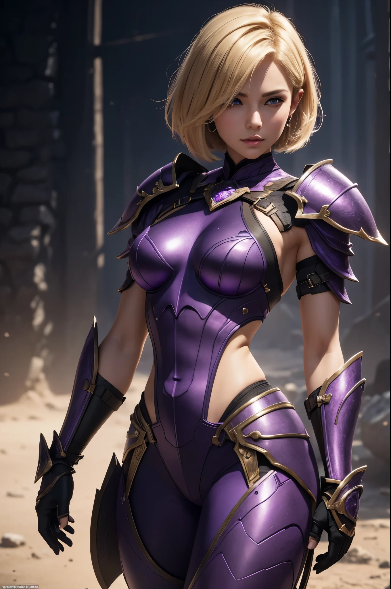 8K,Short blonde bob hair,Super Beauty,Arafed woman in purple and black breast armor posing with a bow, super detailed Fantasy Characterss, 3D Rendering Character Art,ArtJam ; 3D Unreal Engine, Fantasy Costume, 4 k detail fantasy, Stunning Armor, Fantasy Characters, Gorgeous Female Paladin, Amazing character art,masterpiece,Photorealistic RAW photos of the highest quality。Bright colors,Rich colors, Backlight, Cinema Lighting, Film Grain, to be born, 50mm lens, Nikon D850,Ultra-high resolution,Ultra-Realistic Skin,Perfect hand shape,Fantastic landscape,Makeup,Hard and strong abs,Possesses a gorgeous purple and black bow,Purple and black combat trousers,Dynamic pose,Ready your bow,Blonde short bob hair,Small breasts,